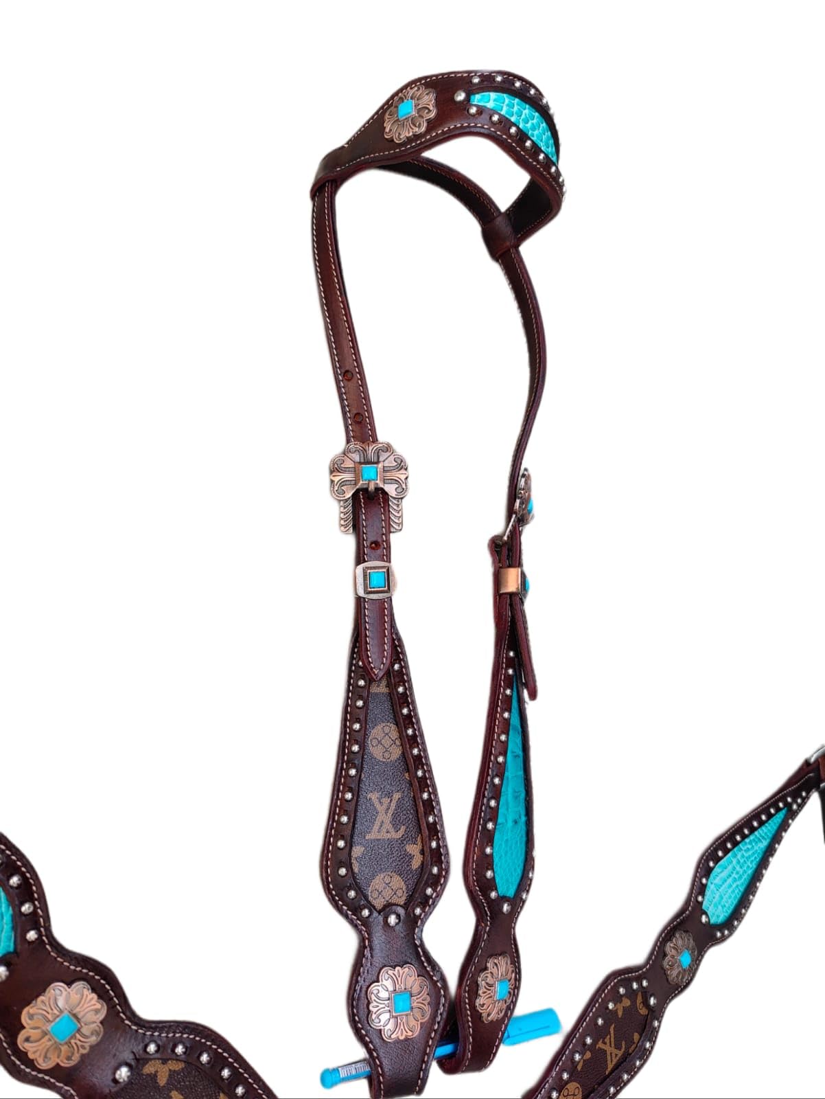 Turquoise & Brown Western Horse Tack Set - Durable Leather Bridle, Saddle & Reins for Trail Riding & Rodeo Events