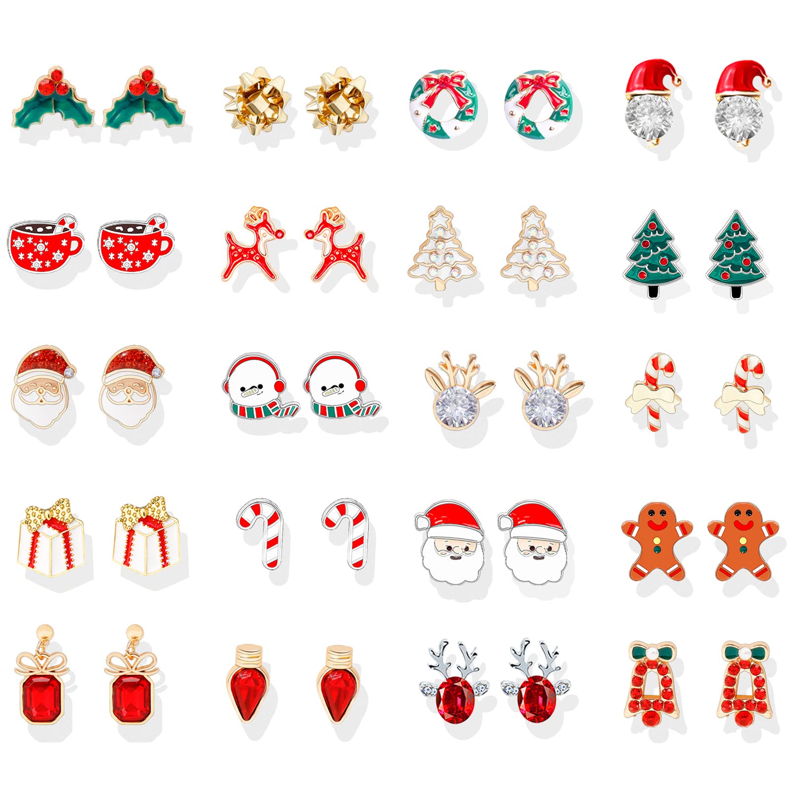 Christmas Earrings for Women - Cute Holiday Stud Earrings Set with Christmas Tree, Bow, Santa, Elk, Snowman & Candy Designs | Perfect Christmas Jewelry Gifts & Stocking Stuffers for Parties, Office Celebrations & Festive Outfits
