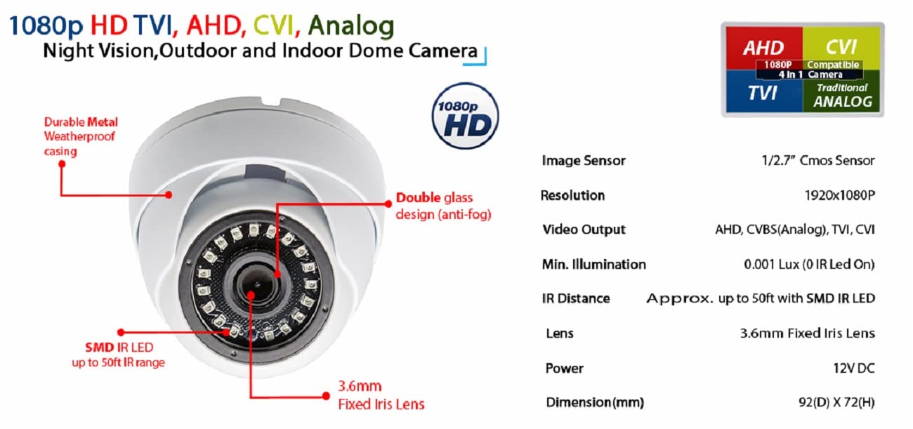 Evertech HD 1080p TVI AHD CVI Analog Security Dome Camera - 960H/CVBS, Day & Night Vision, Weatherproof Metal Housing for Indoor/Outdoor Surveillance - Ideal for Home Security, Office Monitoring & Business Protection