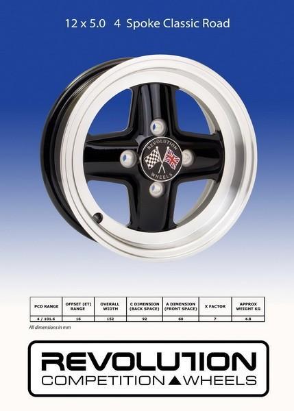 Revolution 12x5.0 4-Spoke Alloy Wheel - 4x101.6 Bolt Pattern, ET16 Offset (Sold as Pair) - Perfect for Compact Cars & Track Racing