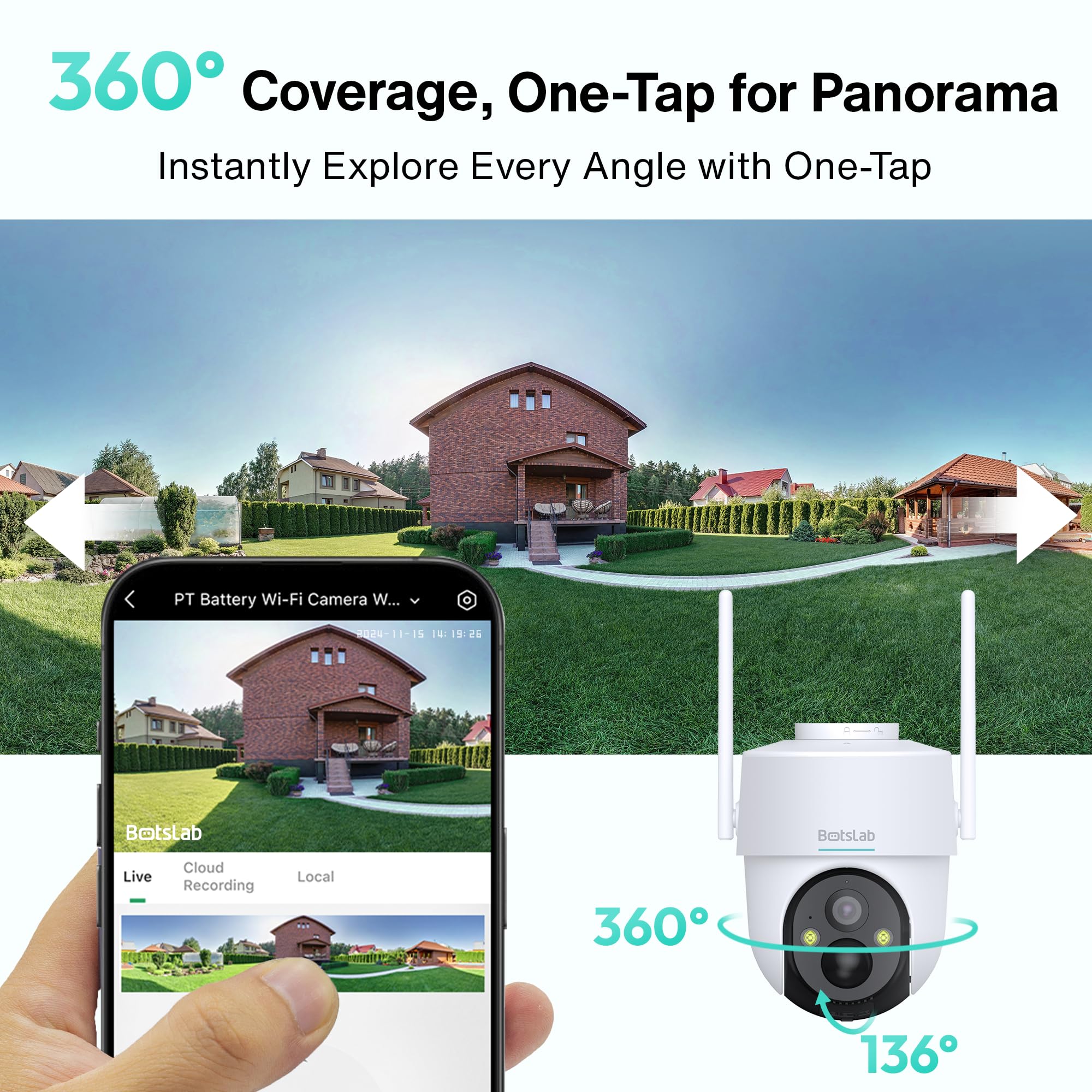 BOTSLAB 2K Solar Security Camera Wireless Outdoor - 360° PTZ Surveillance Camera with Color Night Vision, AI & PIR Motion Detection, 2-Way Audio, 2.4G WiFi, IP65, Alexa & Google Home Compatible - Ideal for Home Security, Backyard Monitoring, and Business Property Protection
