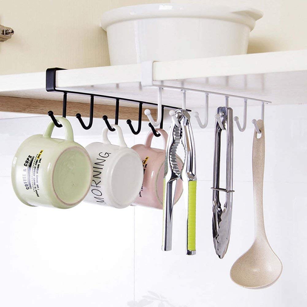 RIVOM 6-Hook Wall Mount Mug Holder - No Nails Needed, Space-Saving Cup Organizer for Kitchen, Cabinet, or Countertop - Black (Perfect for Small Spaces & Coffee Mug Storage)