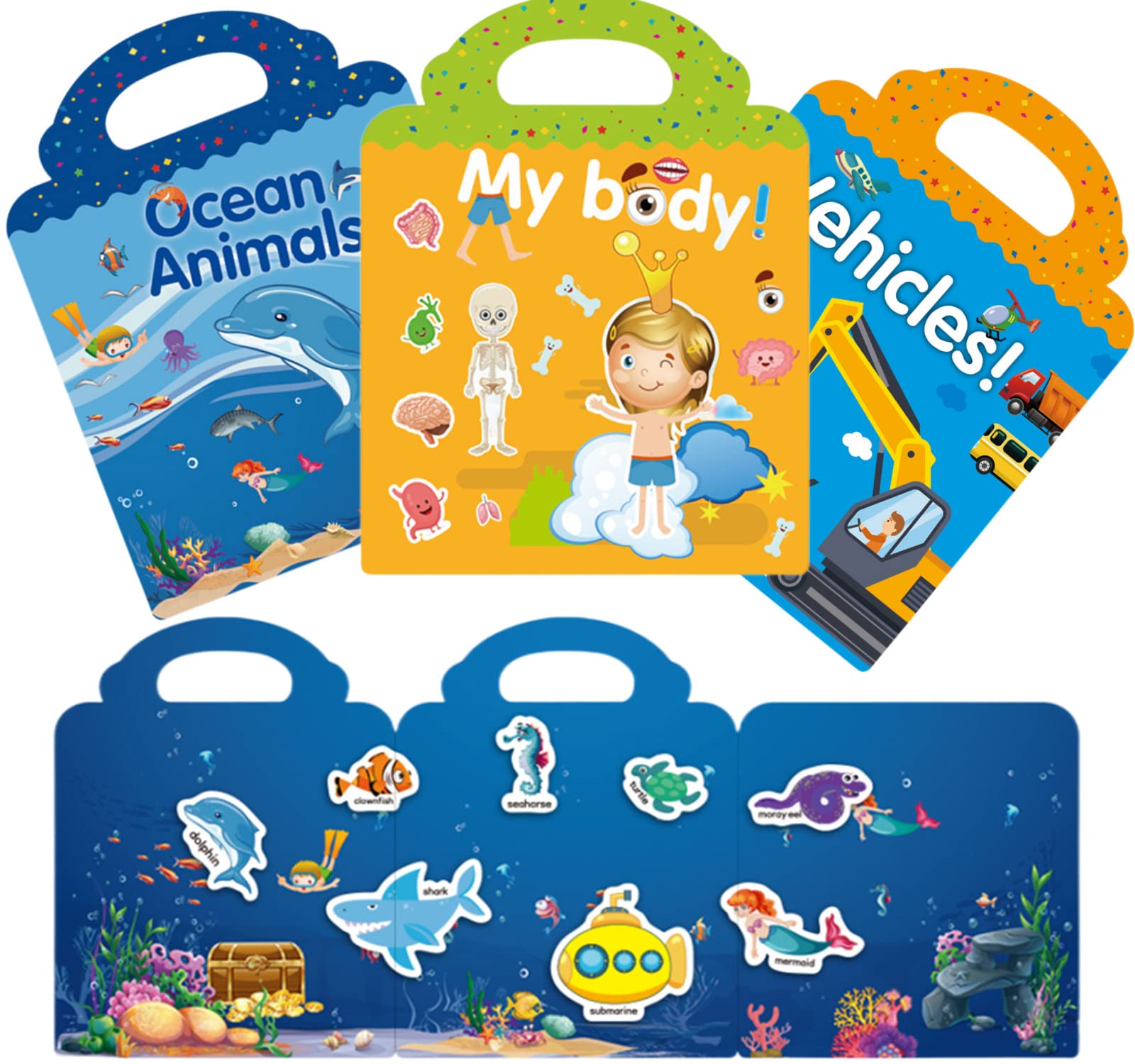 Reusable Stickers for Kids Ages 2-4 | 3-Pack Educational Sticker Book with Ocean, Body & Vehicle Themes | Preschool Learning Activities & Teacher Supplies | Perfect for Classroom, Homeschool & Travel Play