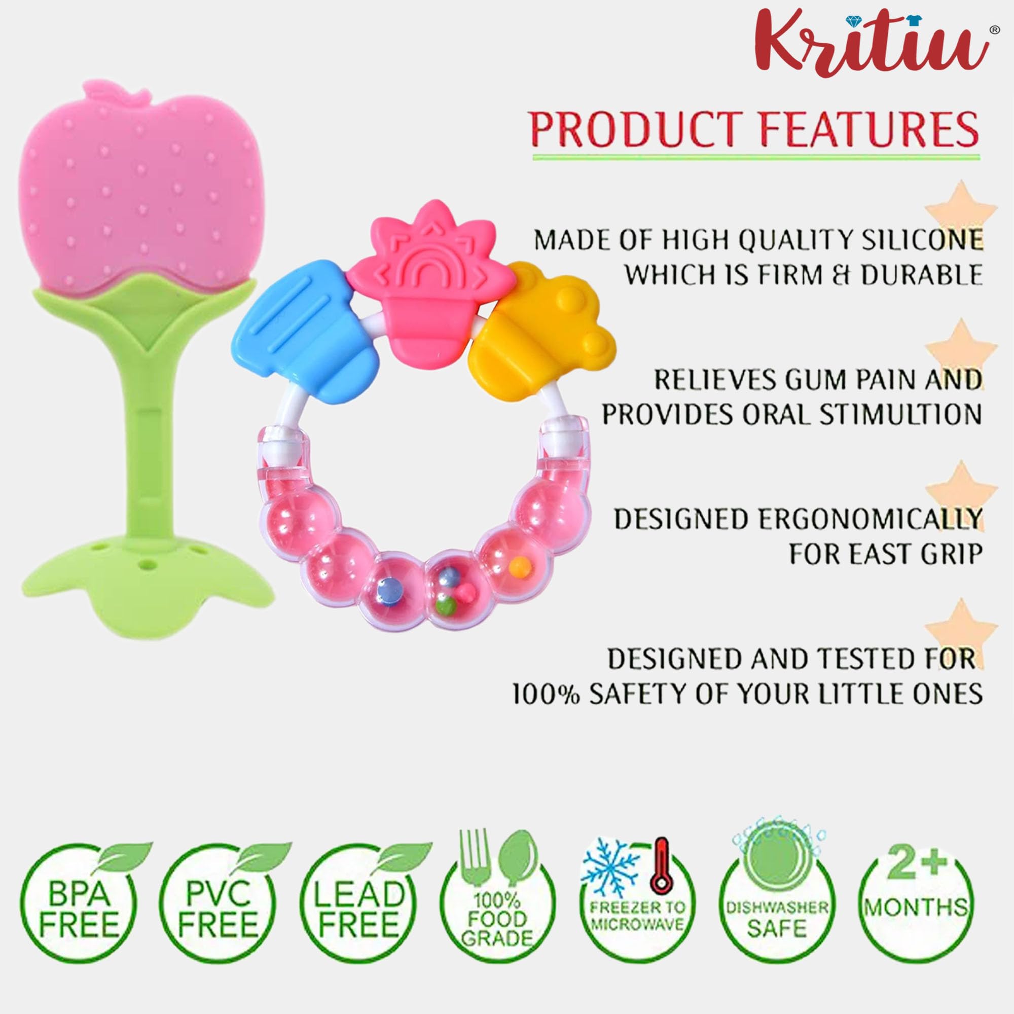 Kritiu Baby Silicone Giraffe Teether & Fruit Vegetable Nibbler Set - BPA Free Textured Teething Toys for Infants - Soothing Relief for Sore Gums - Perfect for Home, Travel & Daycare - Pink (2-Pack)