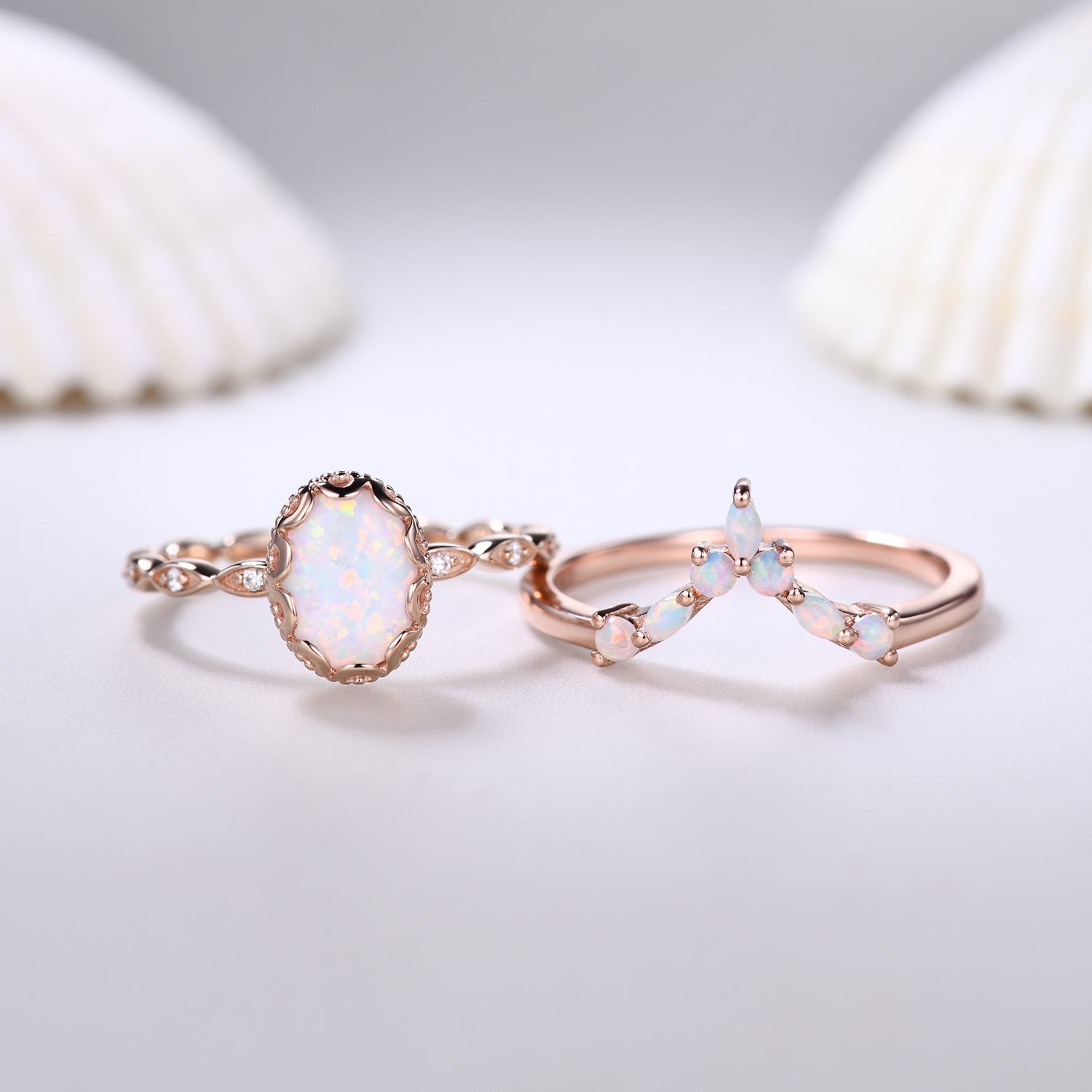 14K Rose Gold Oval Opal and Diamond Bridal Ring Set - Elegant Curved Wedding Band for Women, Perfect Anniversary Gift for Her | Ideal for Engagement, Wedding Ceremony & Romantic Occasions