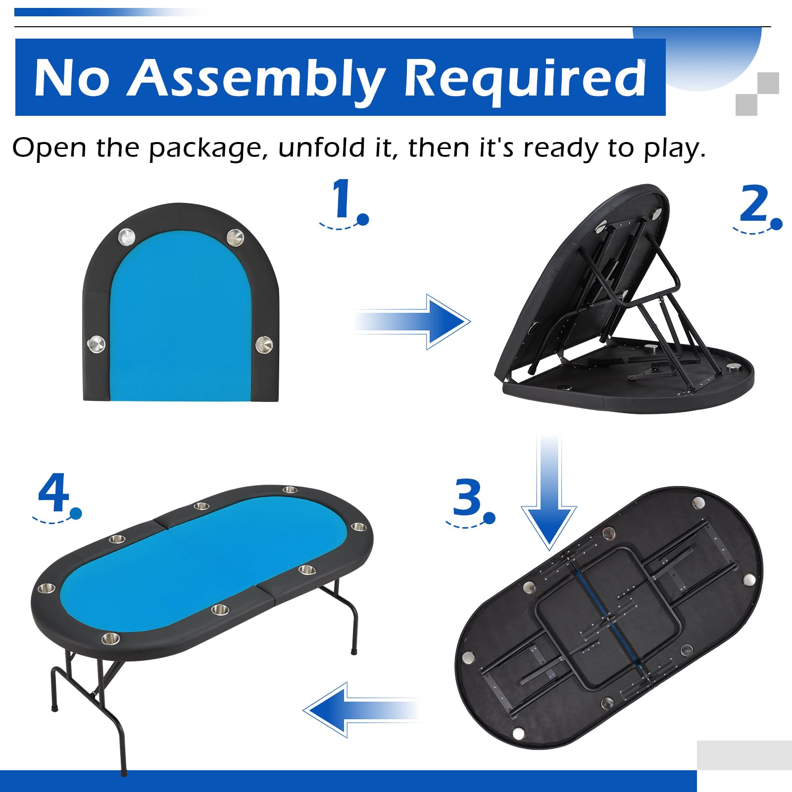 ECOTOUGE 8-Player Foldable Poker Table with Stainless Steel Cup Holders & Carrying Bag - Portable Texas Holdem Blackjack Casino Game Table (Blue, Pre-Assembled) - Perfect for Home Game Nights, Poker Parties & Casino-Themed Events