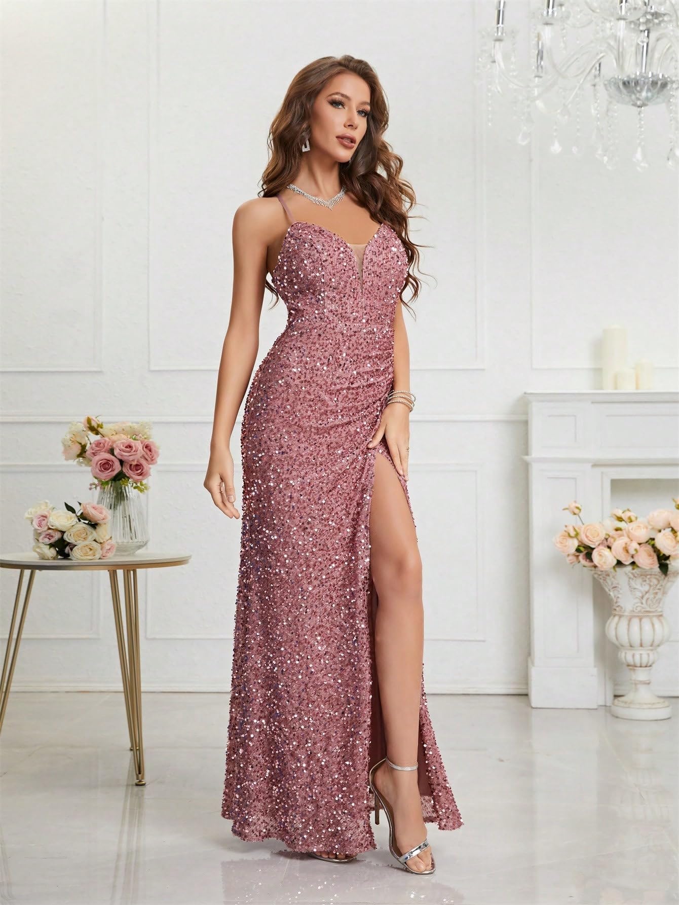 Sequin Prom Dress for Women - Sexy V-Neck Bodycon Evening Gown for Party & Night Out