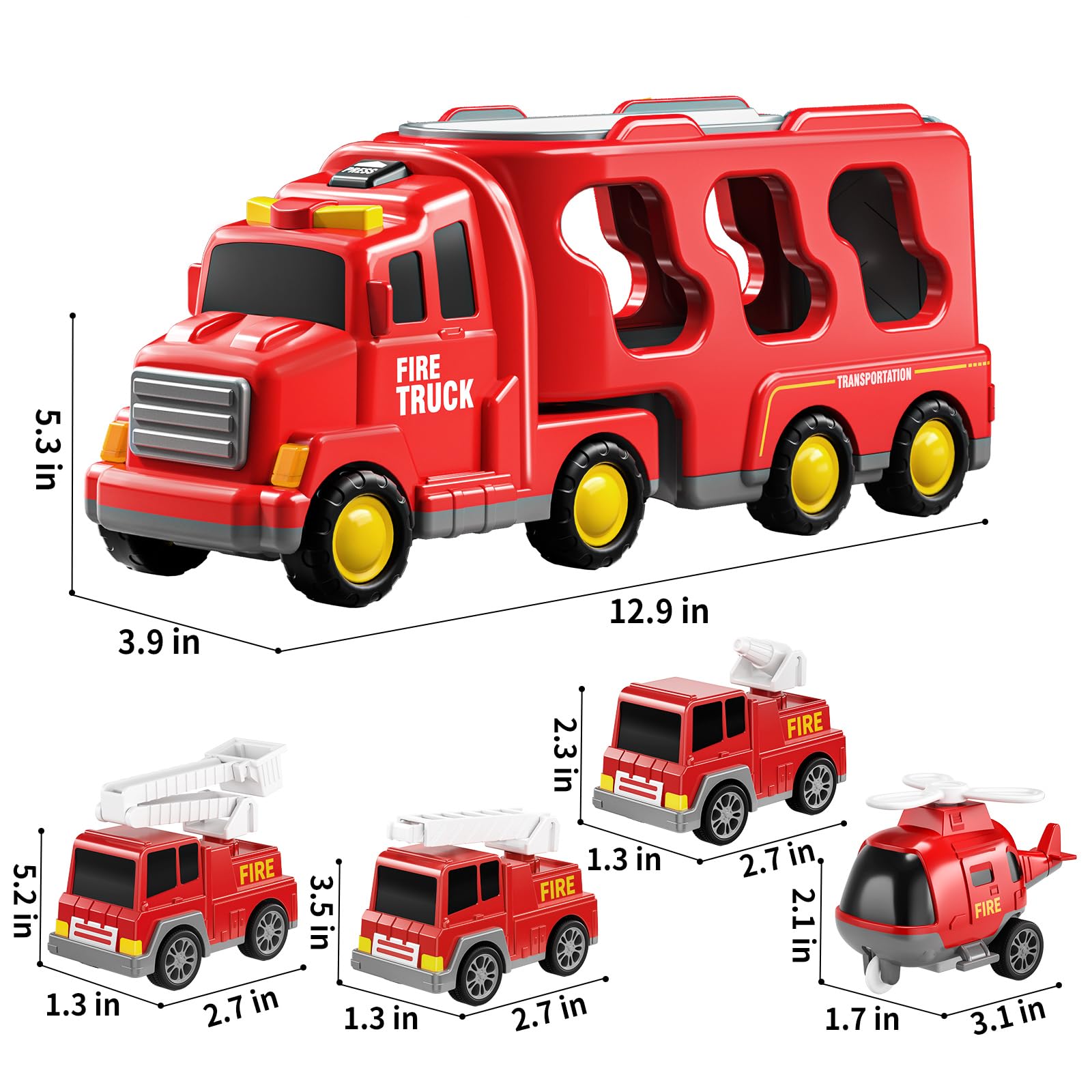 Fire Truck Toy for Kids Ages 3-7 - Toddler Fire Engine Transport Vehicle Carrier with Lights & Sounds - Best Gift for Boys & Girls - Perfect for Pretend Play, Birthday Parties & Preschool Learning