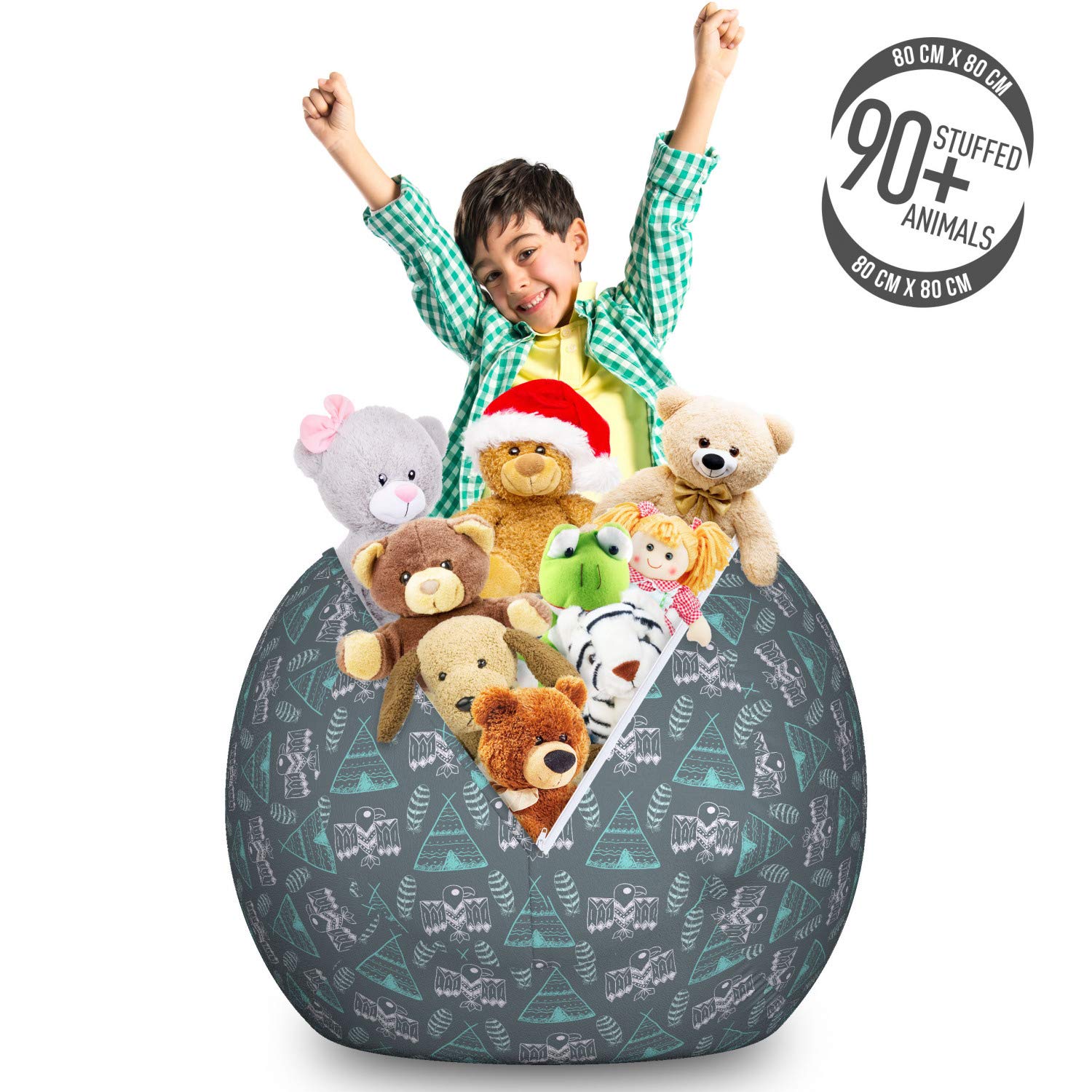 Lunarable Tribal Storage Toy Bag Chair - Doodle Style Eagles Feathers & Teepees Design - Washable Stuffed Animal Organizer - Large Size Charcoal Grey - Perfect for Kids' Room, Playroom & Nursery Organization