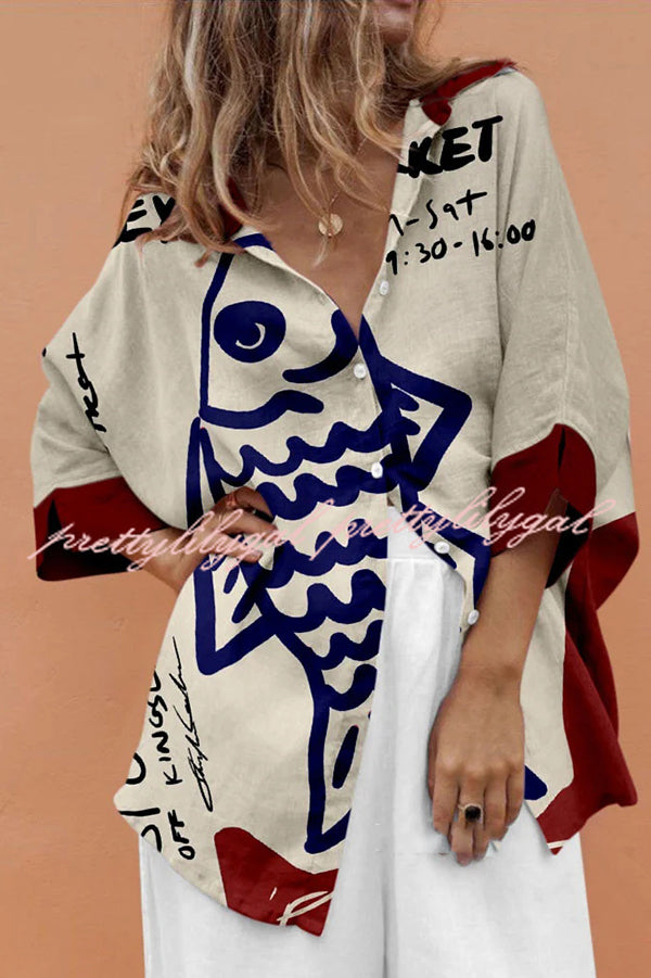 Stylish Marine Print Casual Loose Shirt Top for Women - Beachwear, Summer Vacation & Boho Outfit