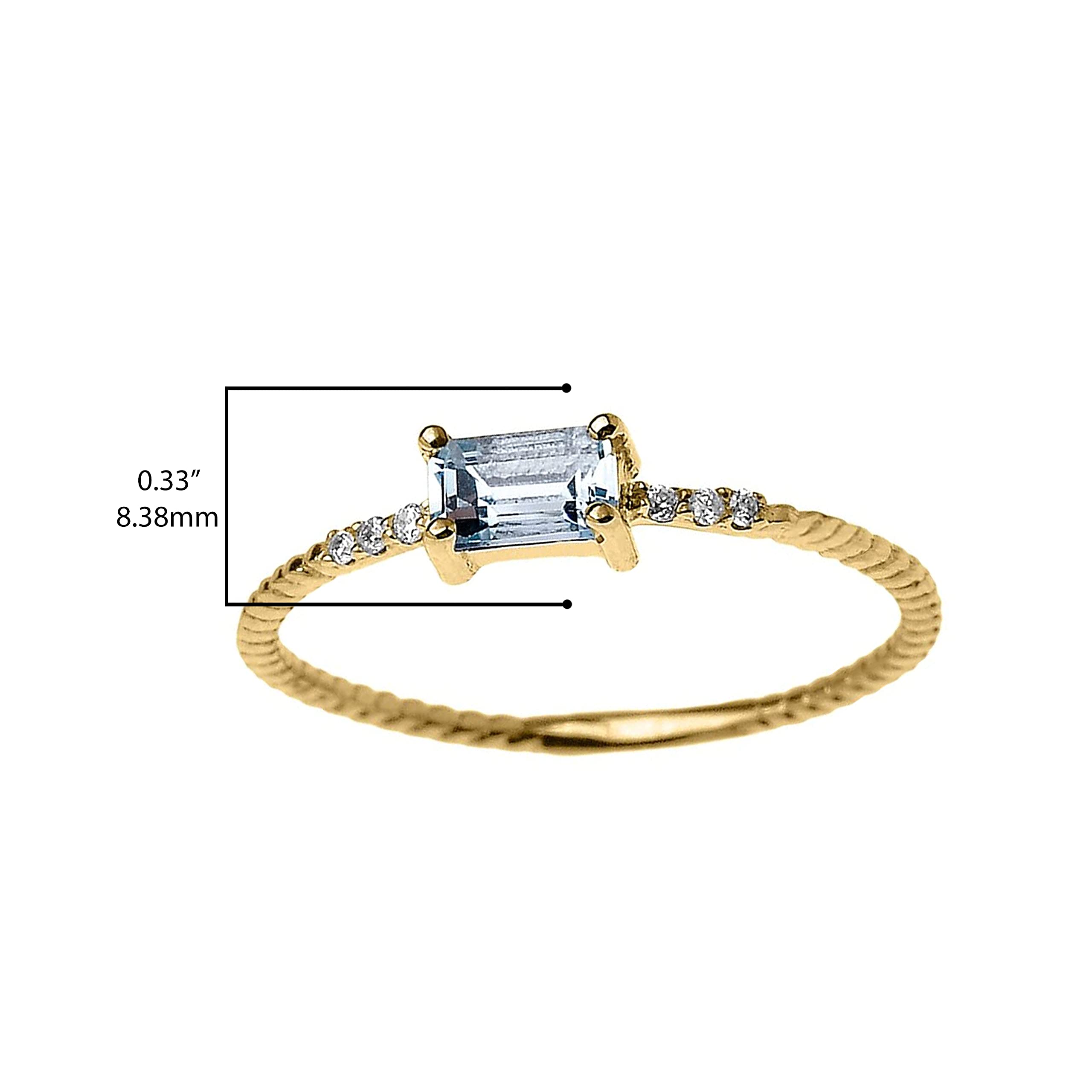 14K Yellow Gold Emerald Cut Aquamarine Solitaire Engagement Ring with Diamond Accents & Fluted Rope Band - Perfect for Proposals, Anniversaries, and Bridal Jewelry Gifts