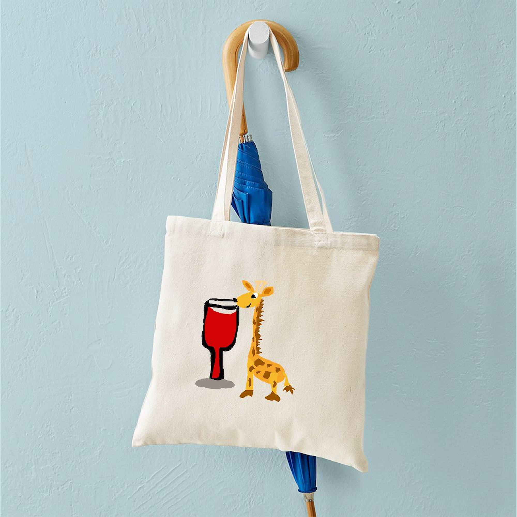 Giraffe Drinking Wine Tote Bag - Natural Canvas Reusable Shopping Bag for Groceries, Beach & Wine Lovers | Eco-Friendly Carryall for Women & Men