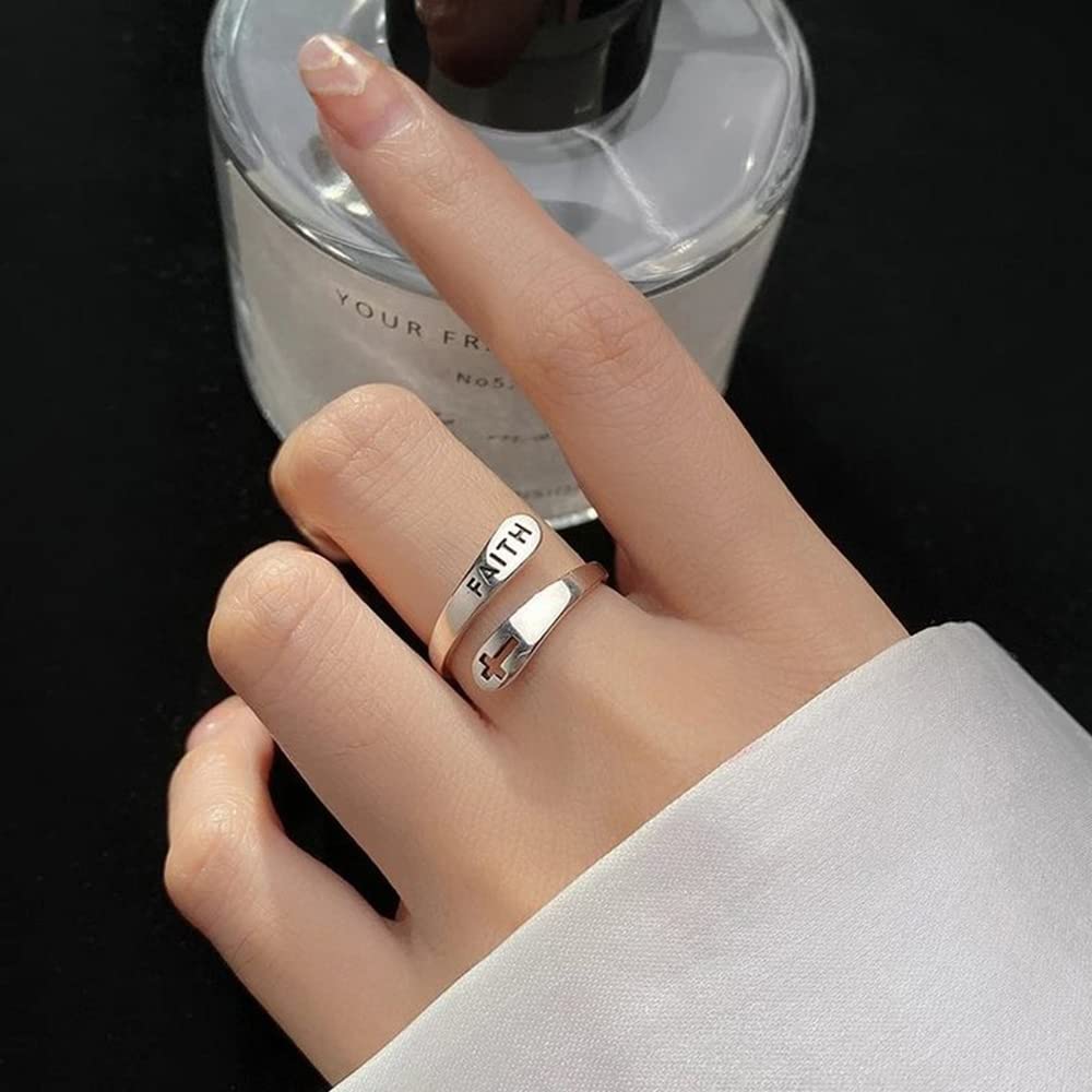 Faith Cross Sterling Silver Open Statement Rings - Adjustable Minimalist Hope Love Eternity Wedding Band Promise Ring - Wrap Finger Bands Fashion Jewelry Gifts for Women & Men - Perfect for Christmas, Weddings, Anniversaries & Daily Wear