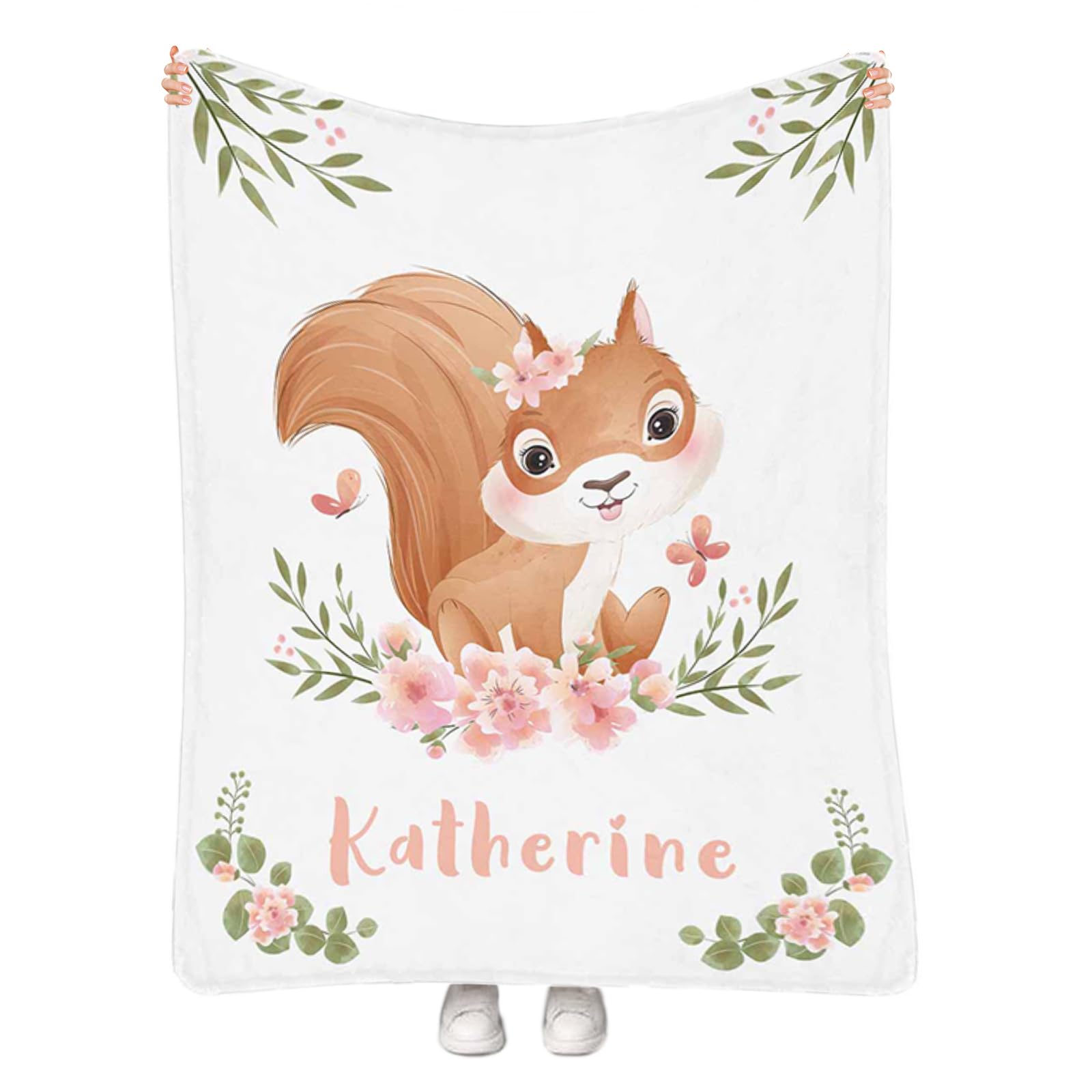 Personalized Baby Blanket for Girls - Custom Name Receiving Blanket with Squirrel Print - 50