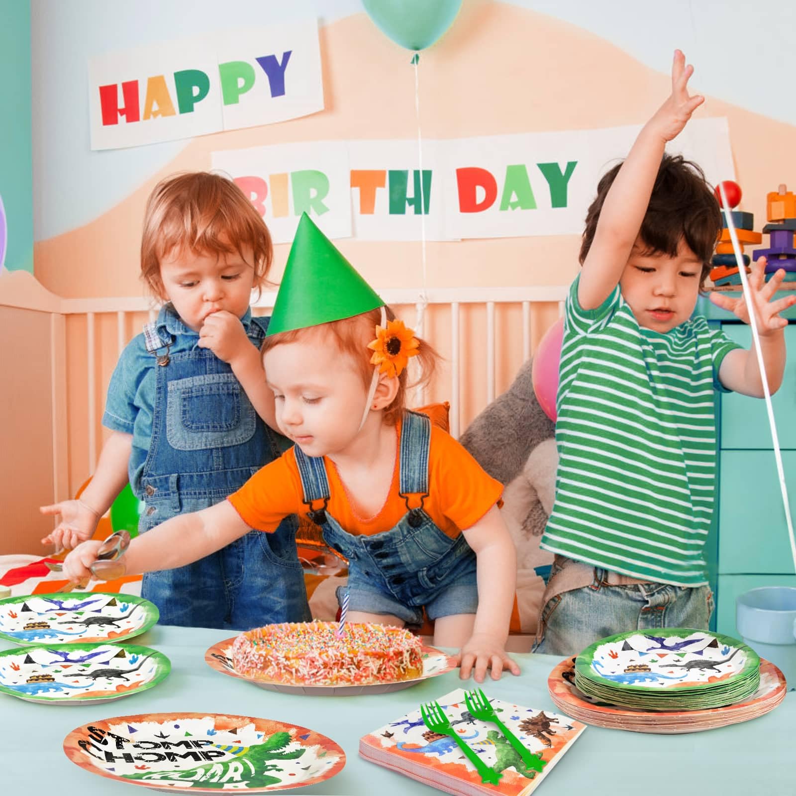 WERNNSAI 64-Piece Dinosaur Party Supplies Set - Dinosaur Plates, Napkins & Forks for Boys Birthday Party, Kids Baby Shower, Dinosaur Theme Party (Serves 16) - Perfect for Birthday Celebrations, Baby Showers, and Themed Events