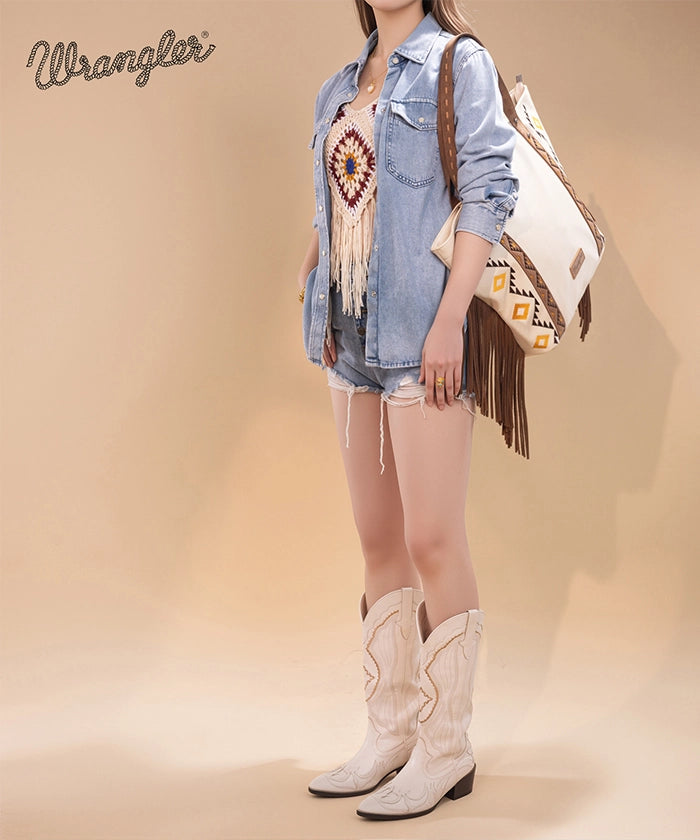 Wrangler Aztec Embroidered Fringe Wide Tote Bag for Women - Stylish Boho Shoulder Purse for Beach, Travel & Everyday Use