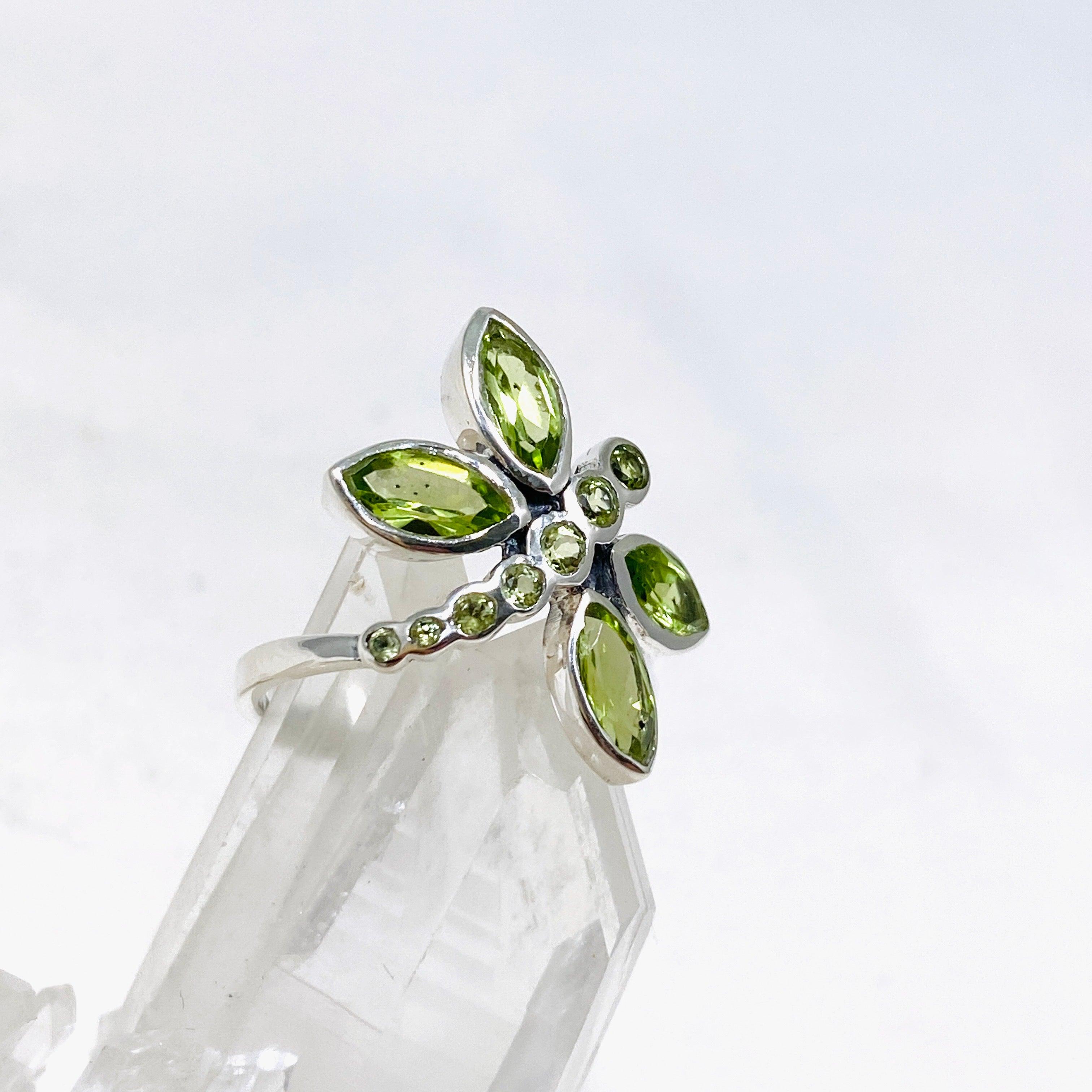 Faceted Peridot Dragonfly Ring R3887 - Elegant Nature-Inspired Jewelry for Women, Perfect for Weddings, Parties & Everyday Wear