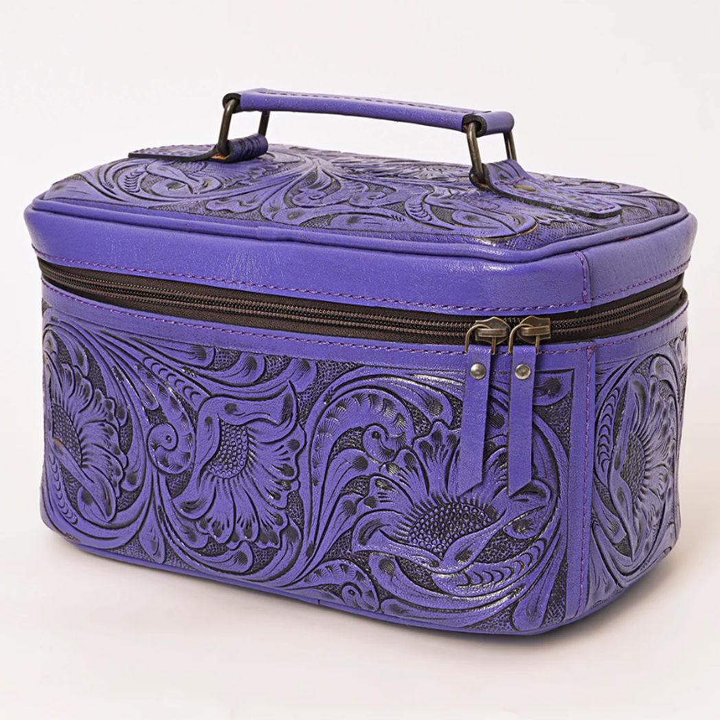 American Darling Purple Tooled Leather Makeup Tote Bag - Stylish & Durable Cosmetic Organizer for Travel, Work & Everyday Use