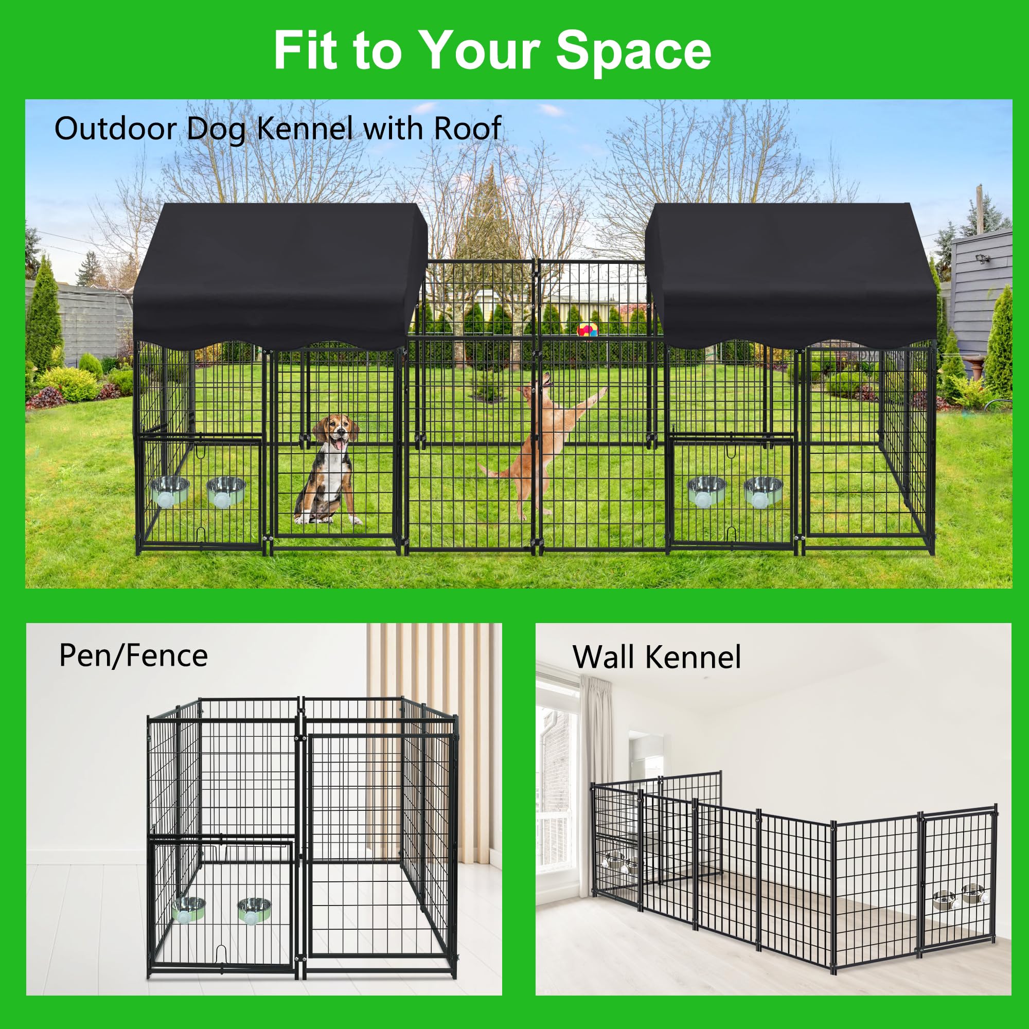 Heavy Duty Outdoor & Indoor Dog Kennel with Roof - 4.2' x 4' x 4.5' Large Dog Cage with Waterproof Cover & Adjustable Feeding Bowls - Perfect for Yard, Patio, or Home Use - Durable Dog House for All Weather Conditions
