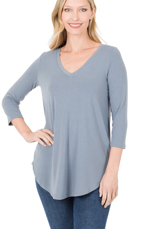 3/4 Sleeve V Neck Scoop Front & Back Women's T-Shirt - Perfect for Casual Wear, Layering & Everyday Outfits