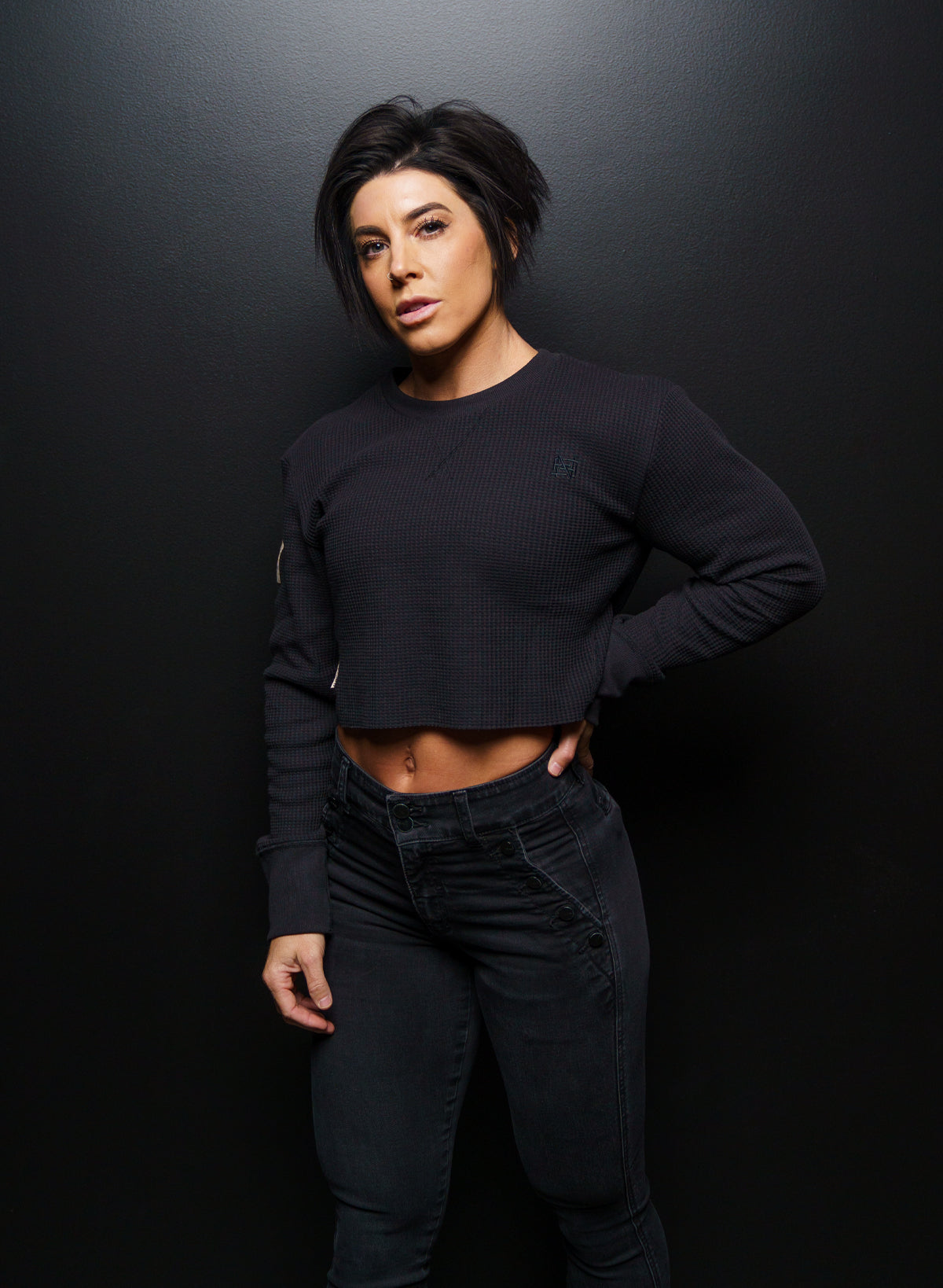 Women's Forever Waffle Knit Crop Top - Soft & Stylish Black Pullover for Casual Wear, Layering & Fall Fashion