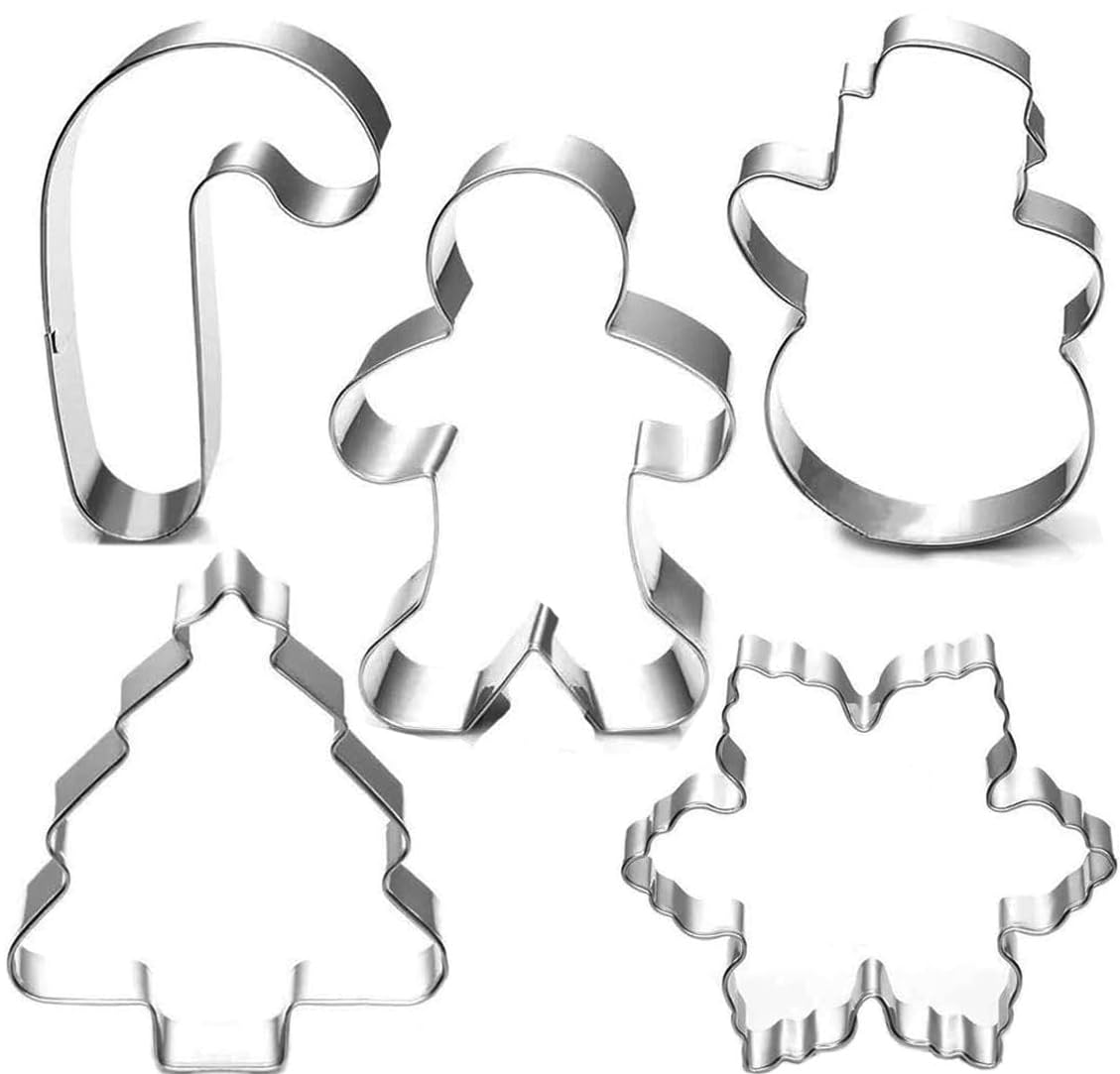 5-Piece Christmas Cookie Cutter Set - Snowman, Tree, Gingerbread Man, Snowflake & Candy Cane Shapes | Holiday Baking Decorations for Cookies, Gingerbread Houses & Festive Treats