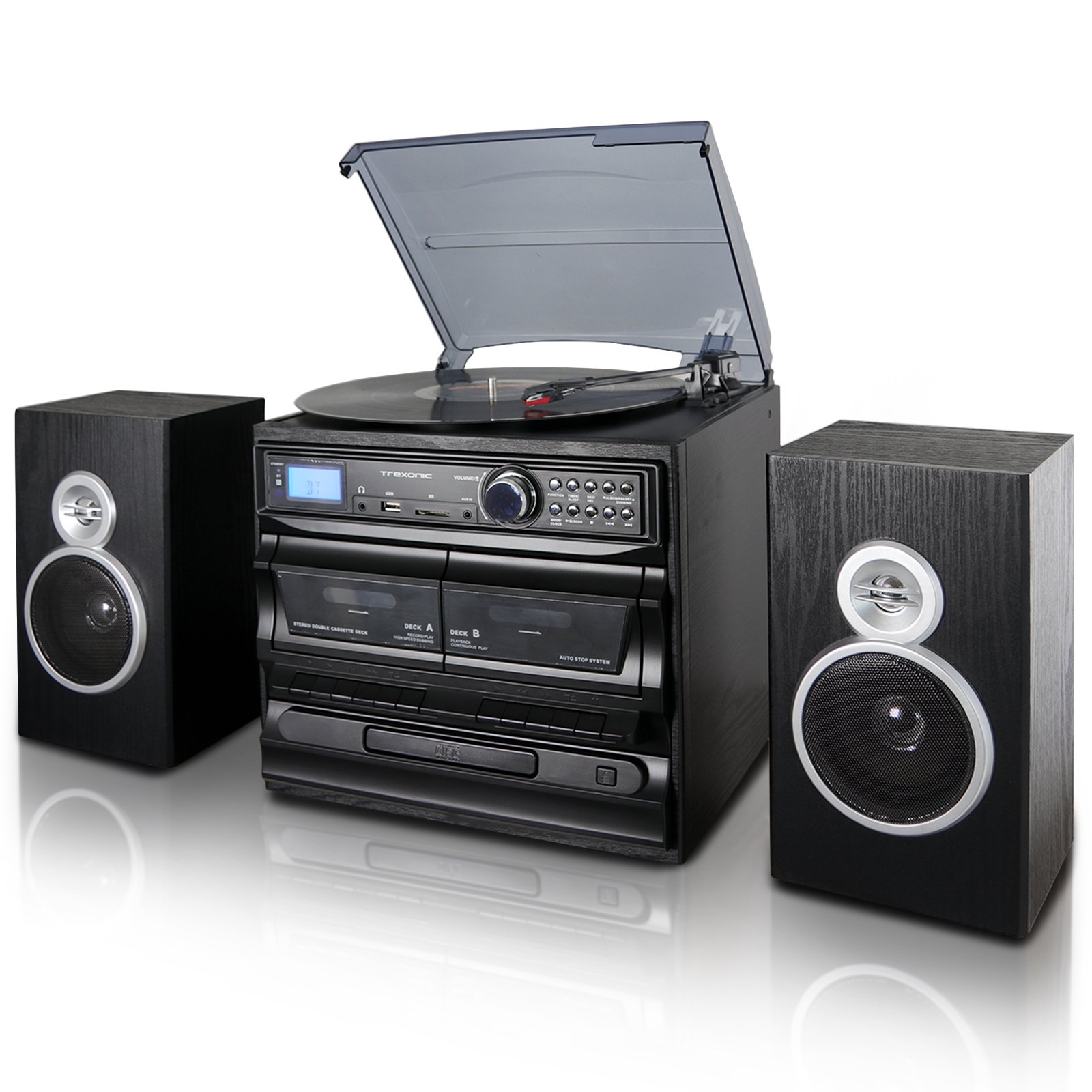 Trexonic 3-Speed Bluetooth Turntable with CD Player, Dual Cassette Deck, FM Radio & USB/SD Recording - Vintage Vinyl Record Player with Built-in Speakers for Home, Office and Music Lovers (Ideal for Retro Music Playback, Parties & Gift Giving)