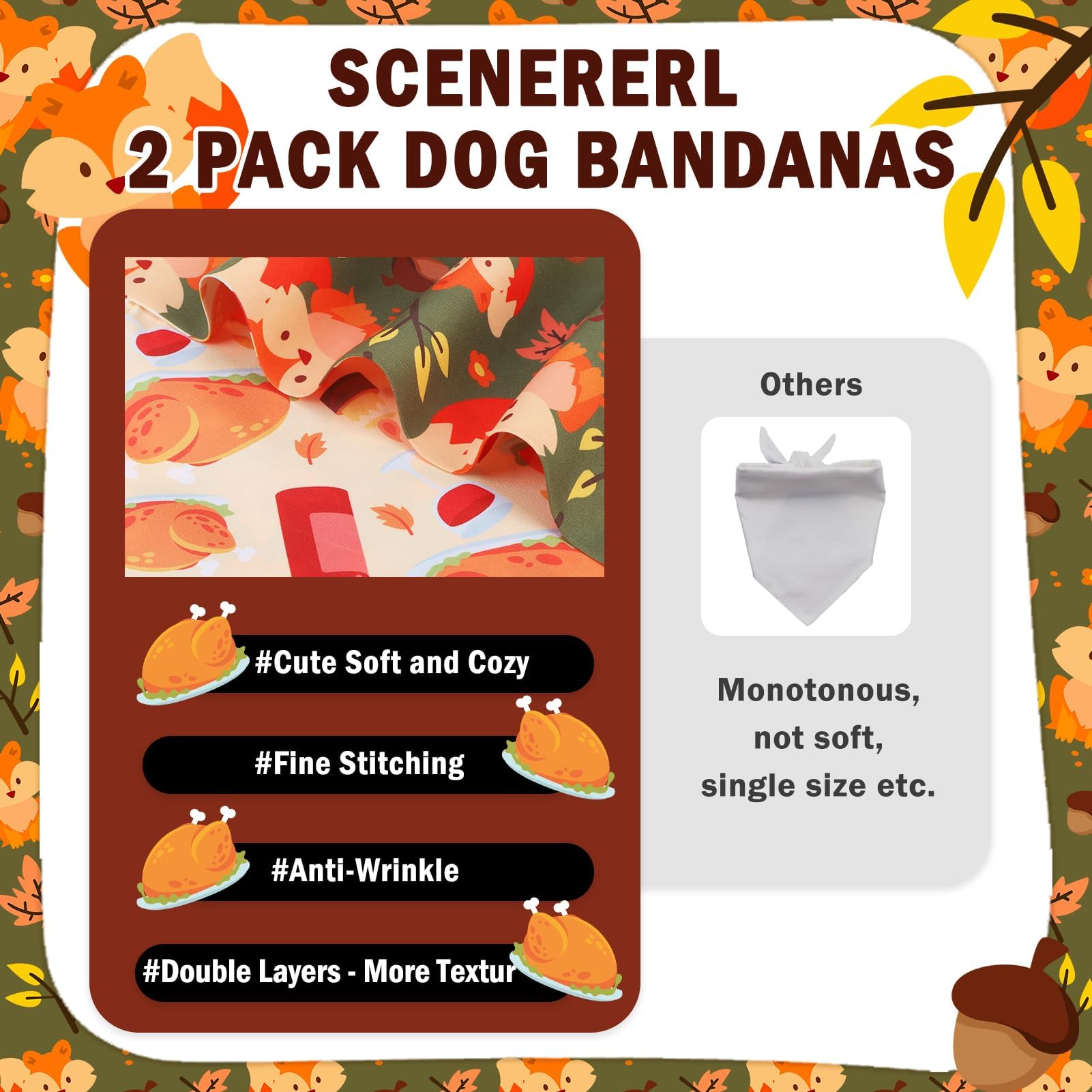 SCENEREAL 2 Pack Fall Dog Bandanas - Reversible Thanksgiving Orange Squirrel Pattern Pet Bandanas for Small Medium Large Dogs | Premium Holiday Dog Scarf for Puppies, Boys & Girls | Perfect for Autumn Walks, Thanksgiving Gatherings & Photo Shoots