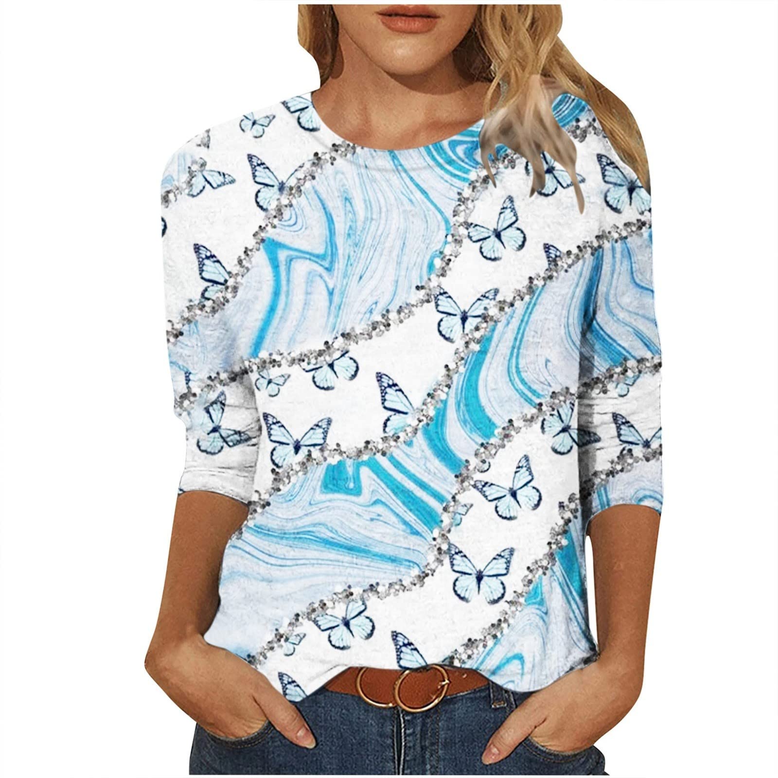 Women's 3/4 Sleeve Marble Print Blouse - Casual Loose Fit Lightweight Tops for Women - Perfect for Office, Date Night & Summer Outfits