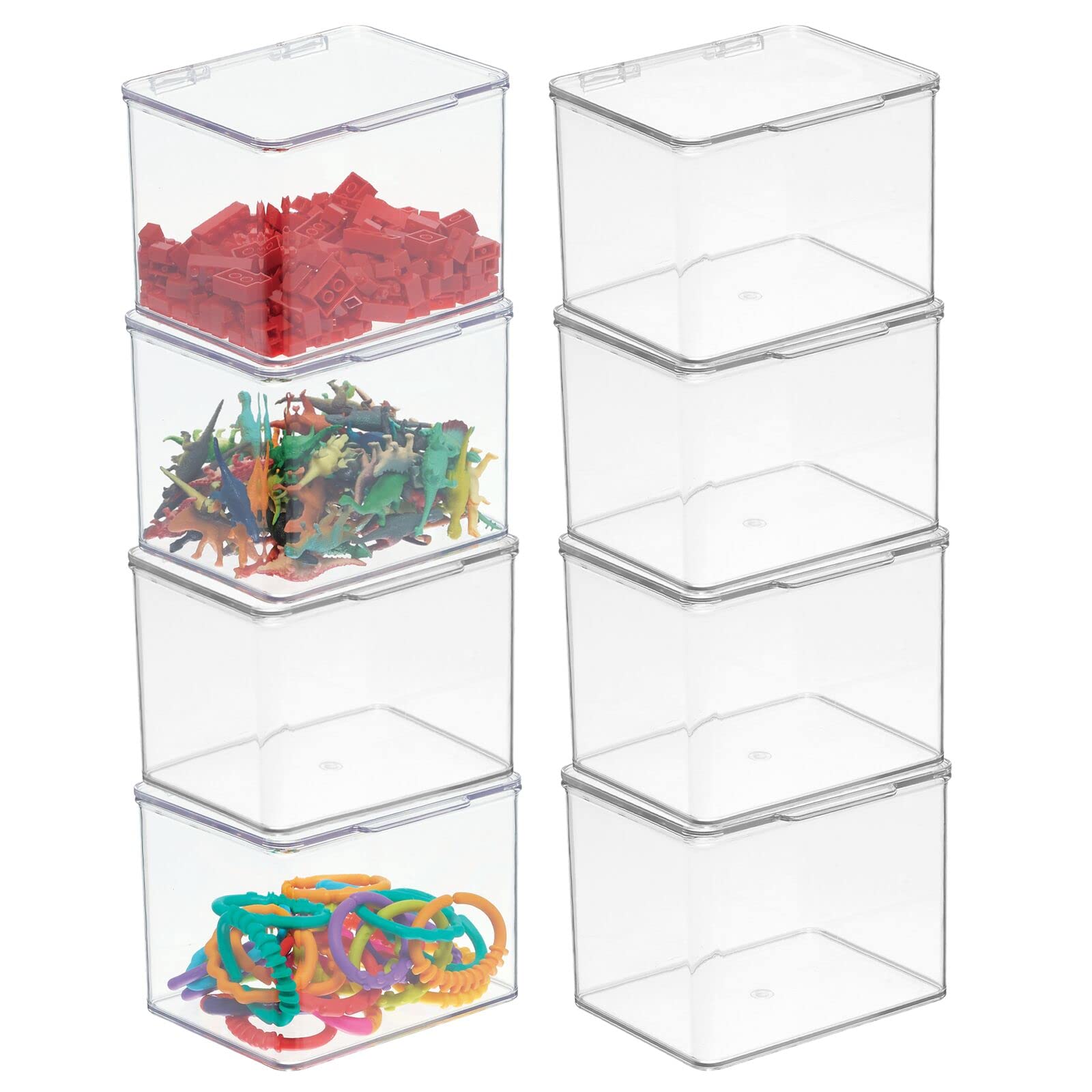 mDesign Clear Plastic Playroom & Gaming Storage Organizer Boxes with Hinged Lids - 8-Pack Toy Organizer for Shelves & Cubbies - Holds Blocks, Puzzles, Markers, Game Controllers - Perfect for Kids' Rooms, Playrooms & Game Stations (Lumiere Collection)
