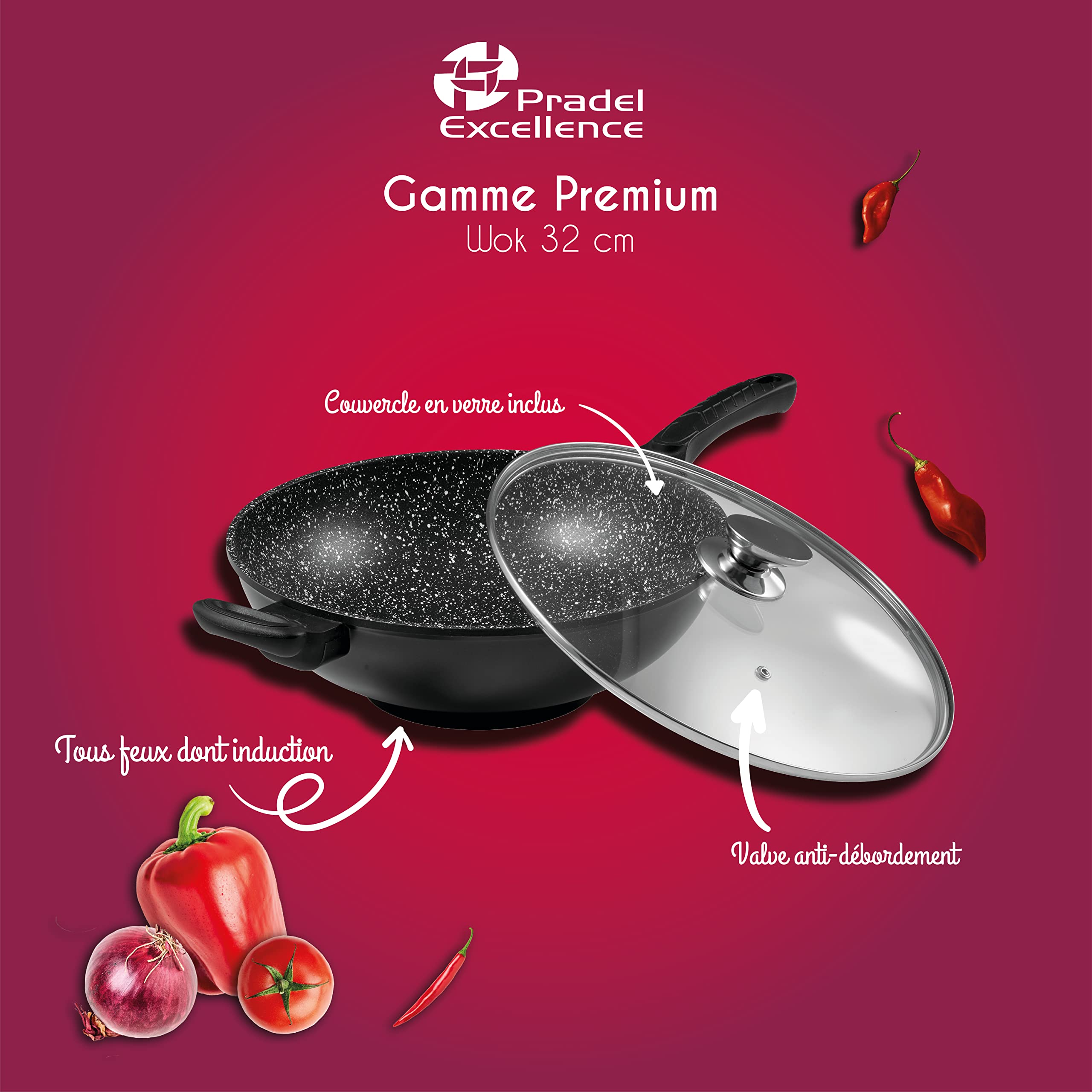 Pradel Excellence 52885M 32cm Stone-Type Wok with Glass Lid - Premium Non-Stick Stir Fry Pan for Asian Cooking, Home Chef & Restaurant Use