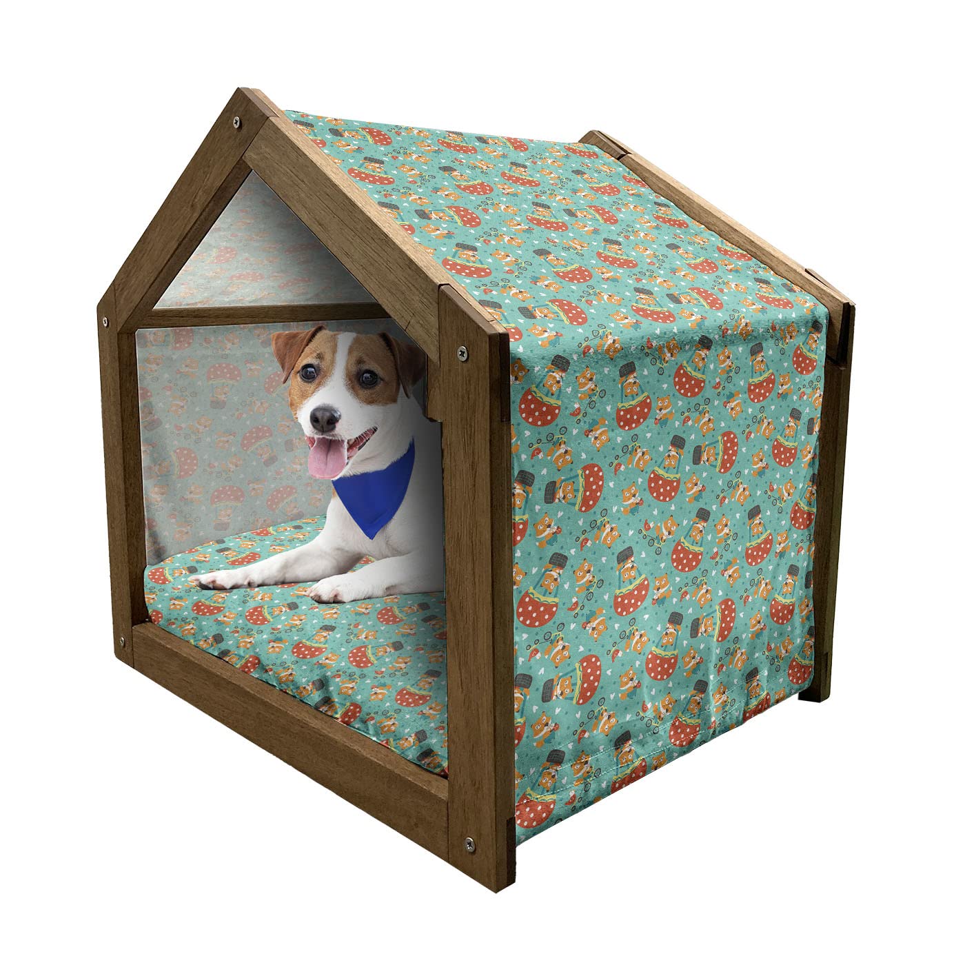 Ambesonne Woodland Pet House - Portable Indoor & Outdoor Dog Kennel with Pillow Cover, Fox & Hen Forest Animal Design, Small Multicolor Wooden Dog House for Backyard, Patio, or Camping Use