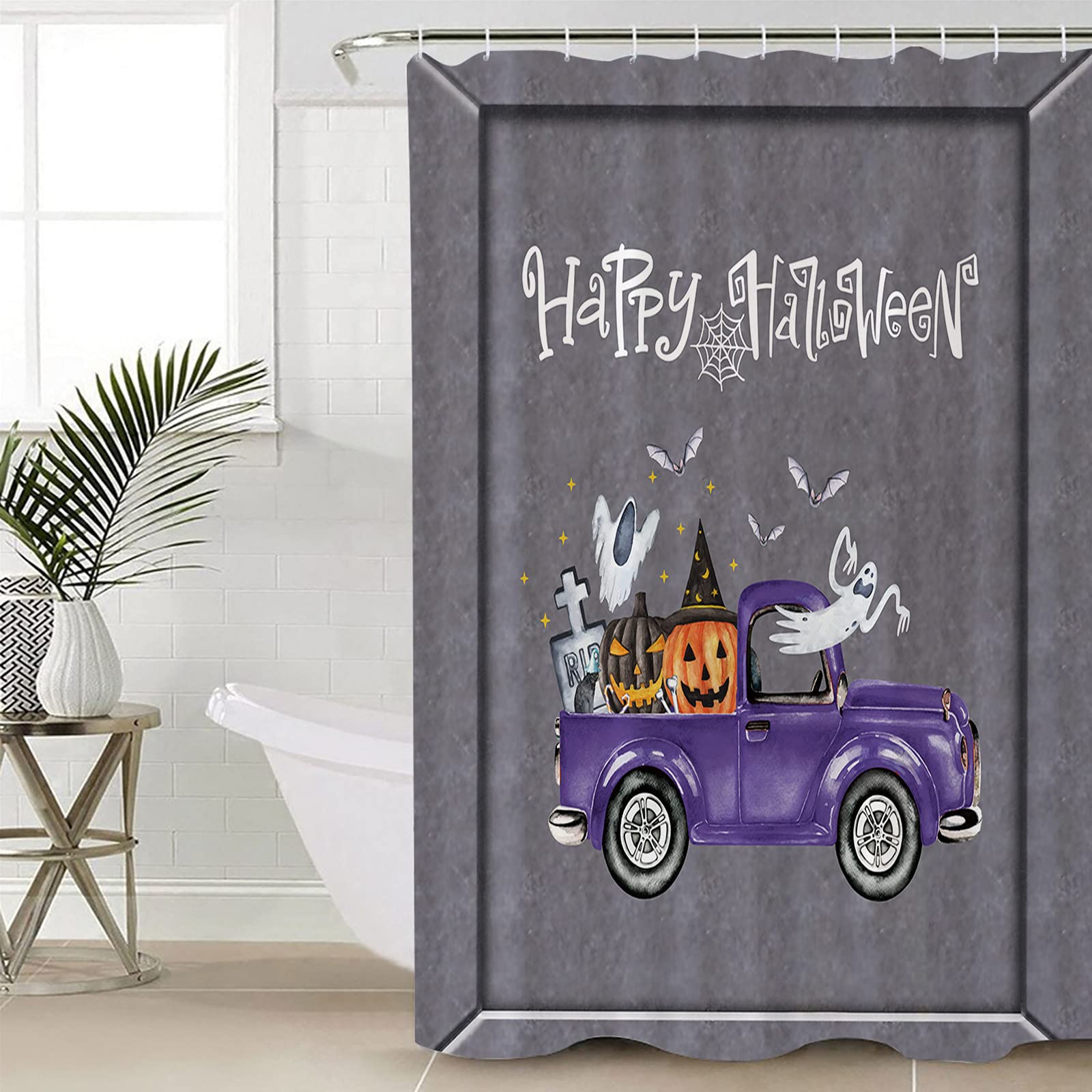 ArneCase Waterproof Halloween Shower Curtain - Purple Truck with Grimace Pumpkins & Ghosts Design, 72x96 Inch Super Soft Polyester Bathroom Curtain with 12 Hooks | Spooky Bathroom Decor for Halloween Party & Themed Home Decor