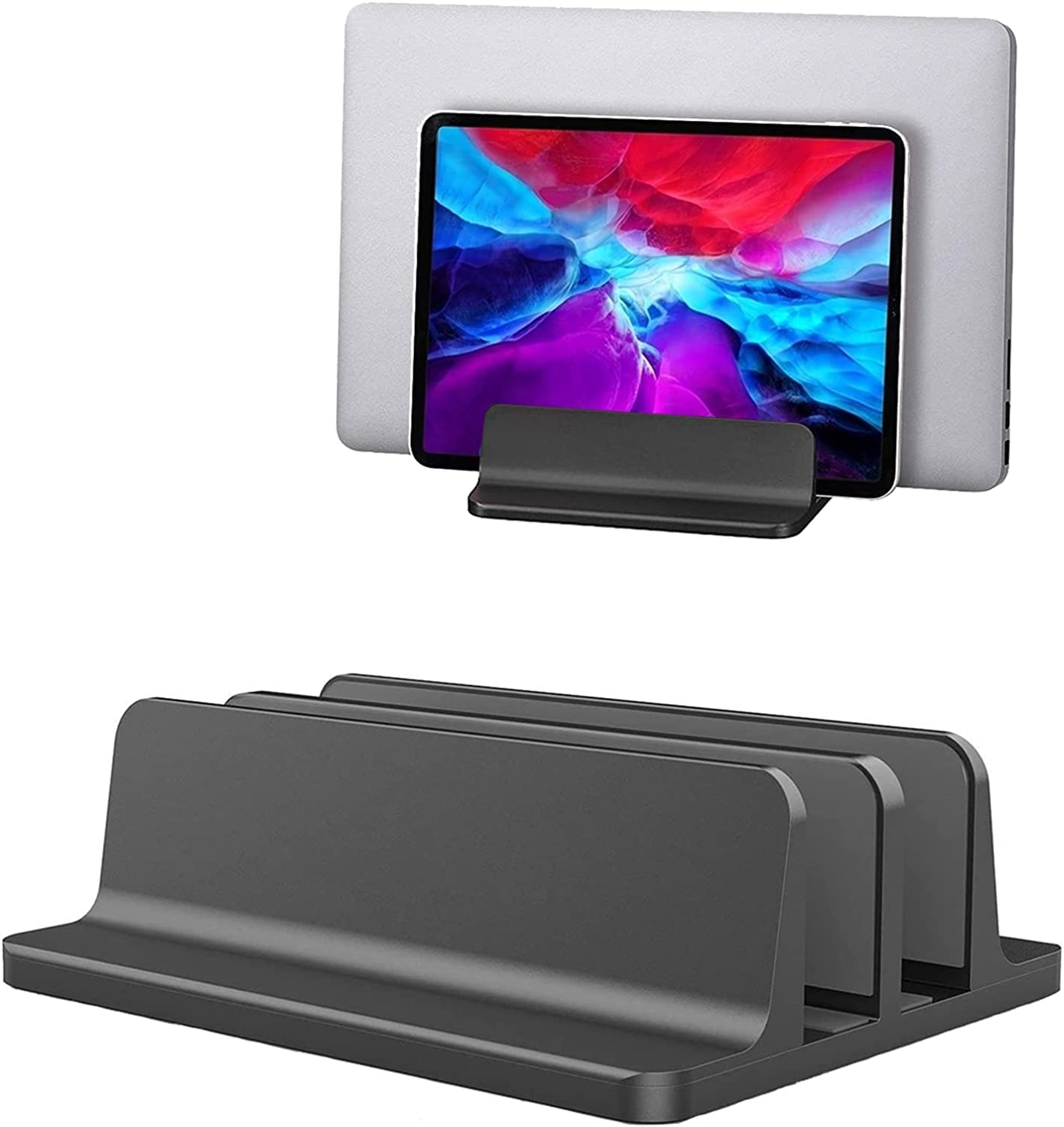 Double Slot Vertical Laptop and Tablet Stand - Space Saving Organizer for MacBook, Chromebook, iPad & Smartphone (Black) | Perfect for Home Office, Desk Organization & Workspace Efficiency