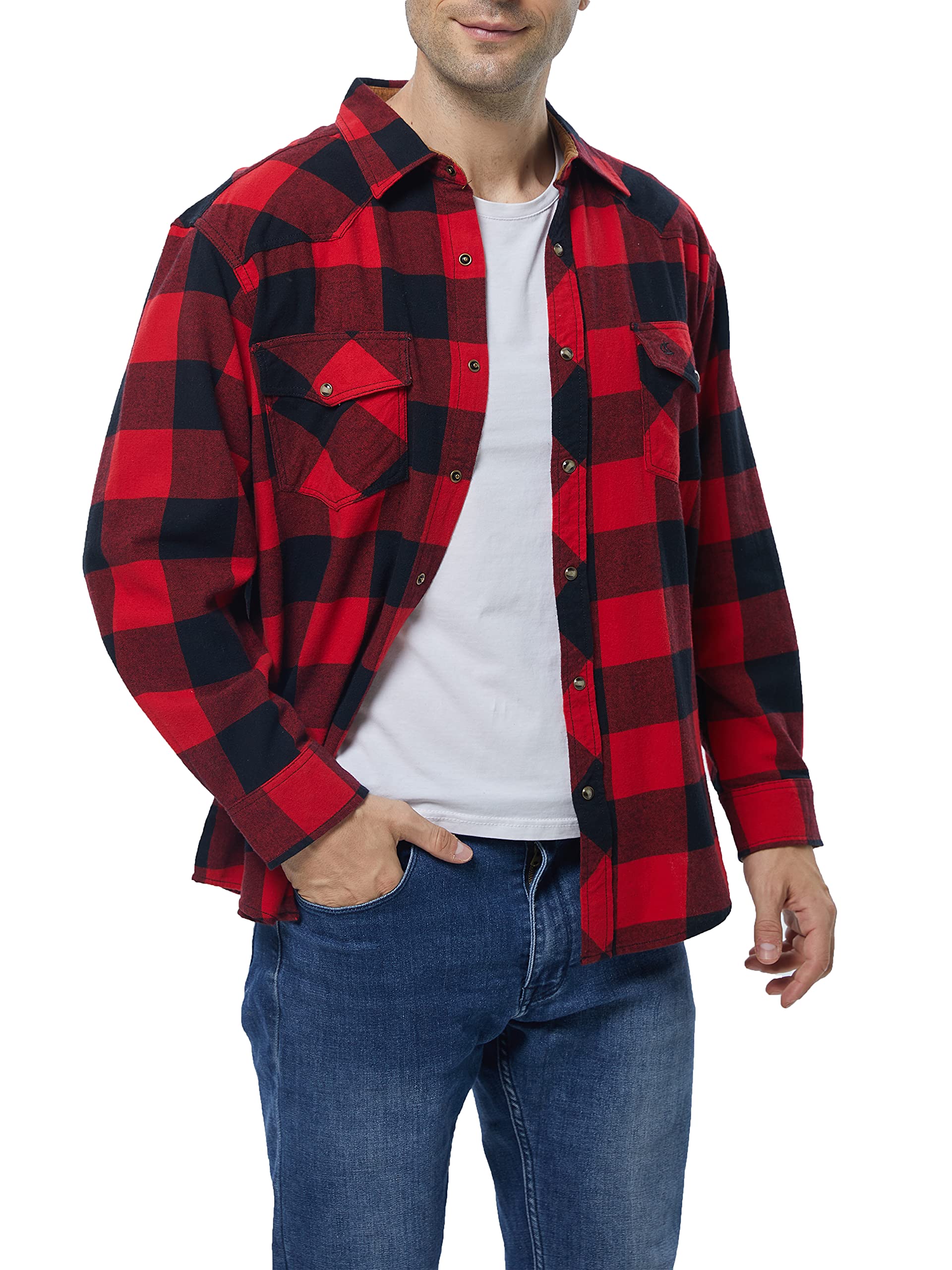 COEVALS CLUB Men's Flannel Shirts - Long Sleeve Western Snap Button Plaid Work Shirt for Casual & Outdoor Wear - Perfect for Camping, Hiking and Fall Fashion