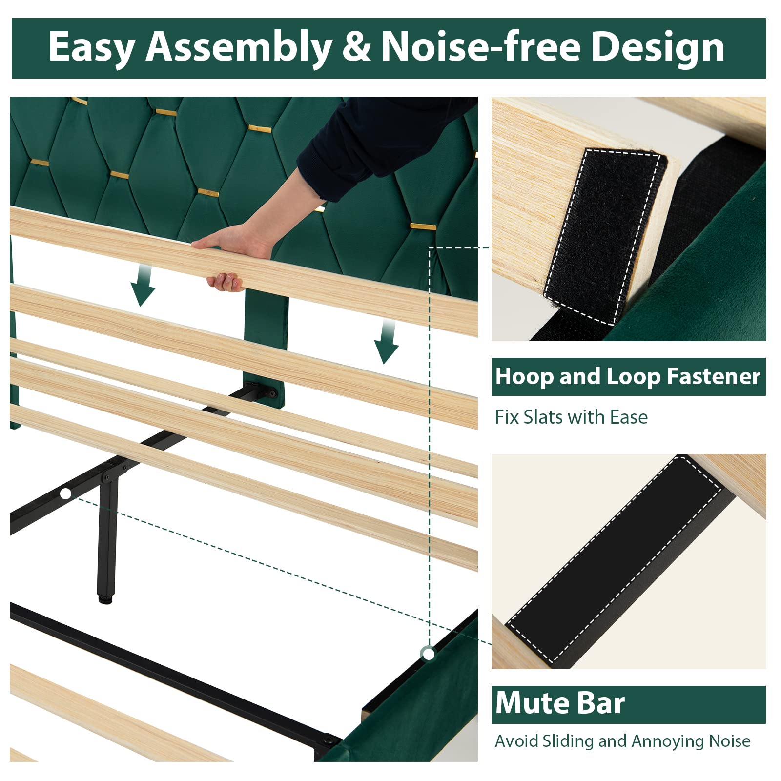 Giantex Full Size Upholstered Platform Bed Frame with Adjustable Headboard - Wooden Slat Support, Heavy Duty Gold Trim Tufted Design - No Box Spring Needed - Easy Assembly - Green Velvet - Perfect for Modern Bedrooms, Guest Rooms & Small Spaces