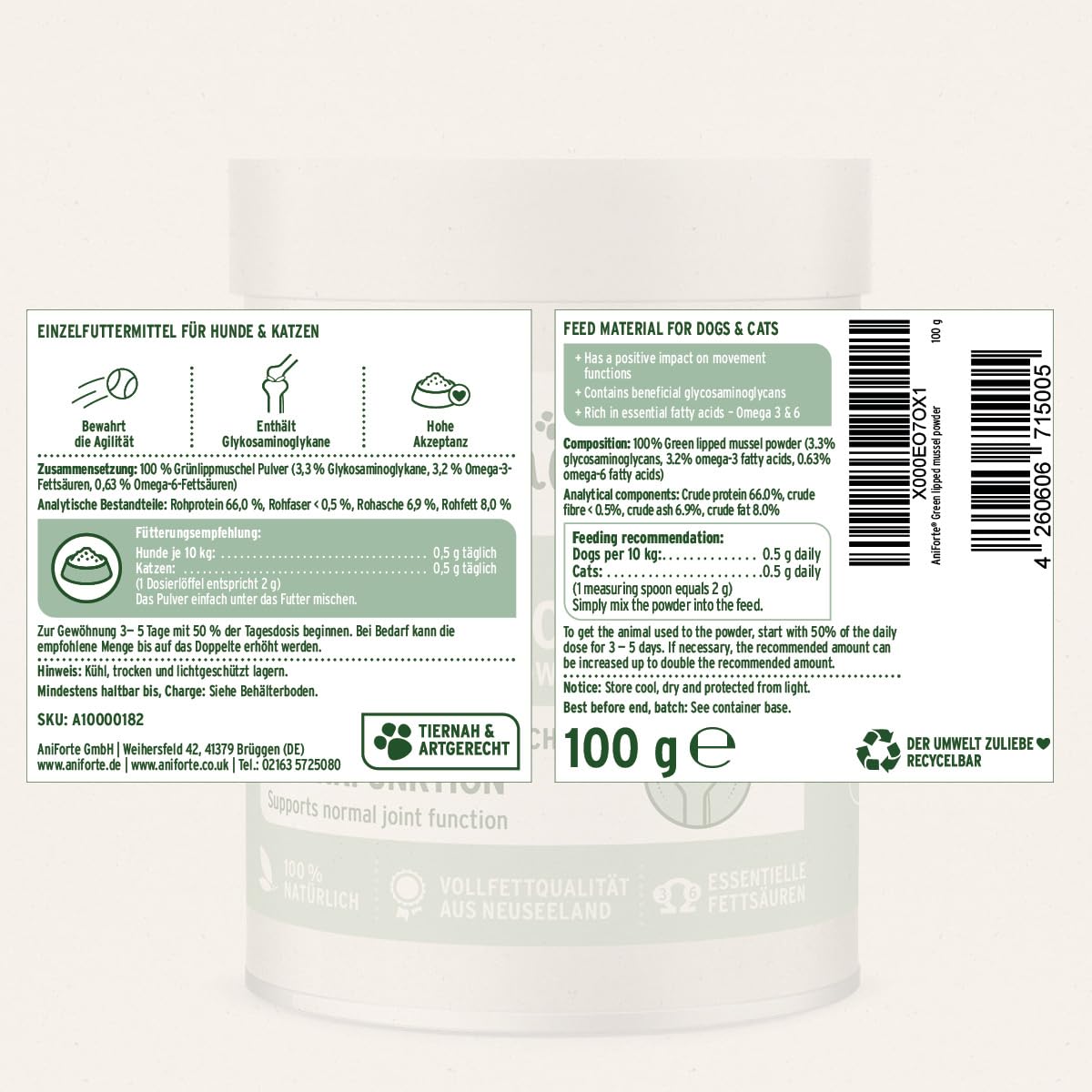 AniForte Green Lipped Mussel Powder for Dogs & Cats - 100% Natural Joint Supplement with Glucosamine, Omega-3, Lipids, Minerals & Amino Acids | Supports Mobility & Hip Health for Senior Pets & Active Animals