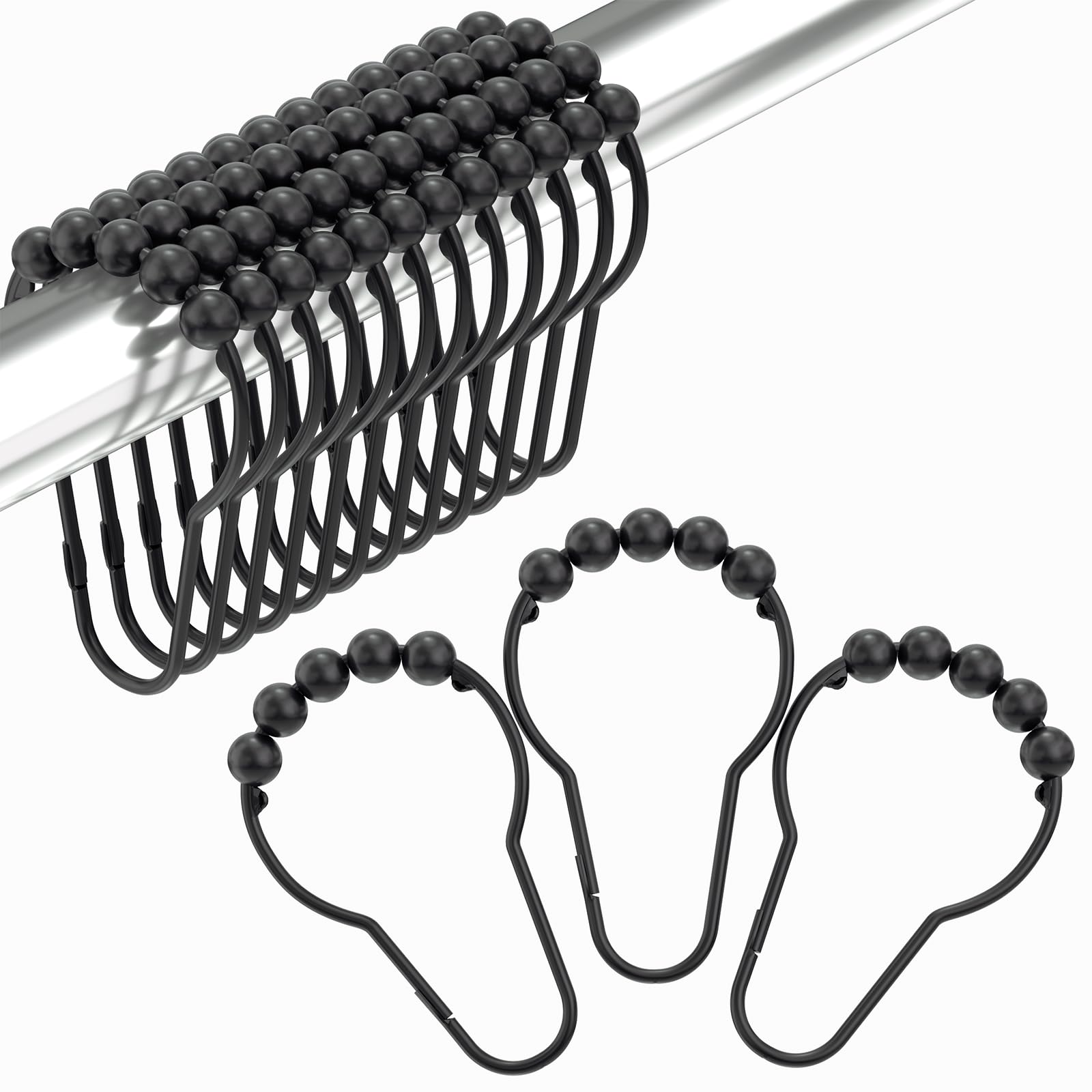 Amazer 12-Pack Rustproof Stainless Steel Shower Curtain Hooks - Decorative Black Bathroom Hooks for Shower Liners & Curtains - Durable & Stylish Bath Accessories for Home, Hotel, and Dorm Use
