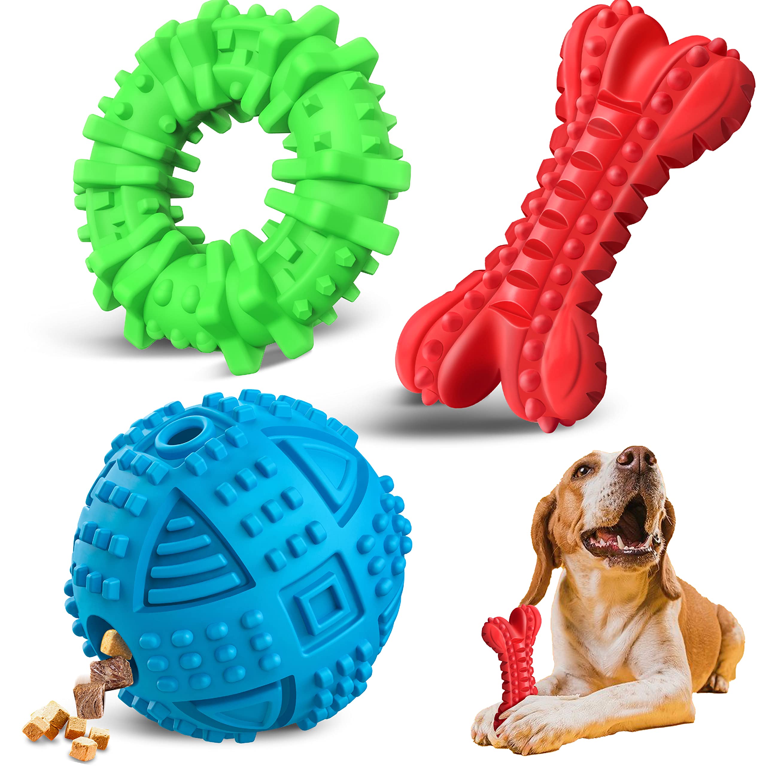 Durable Natural Rubber Dog Chew Toys for Aggressive Chewers - 3 Pack Large Dog Toys with Treat Dispenser & Puzzle Features - Interactive Chew Toys for Large Breed Dogs - Perfect for Playtime, Training & Mental Stimulation