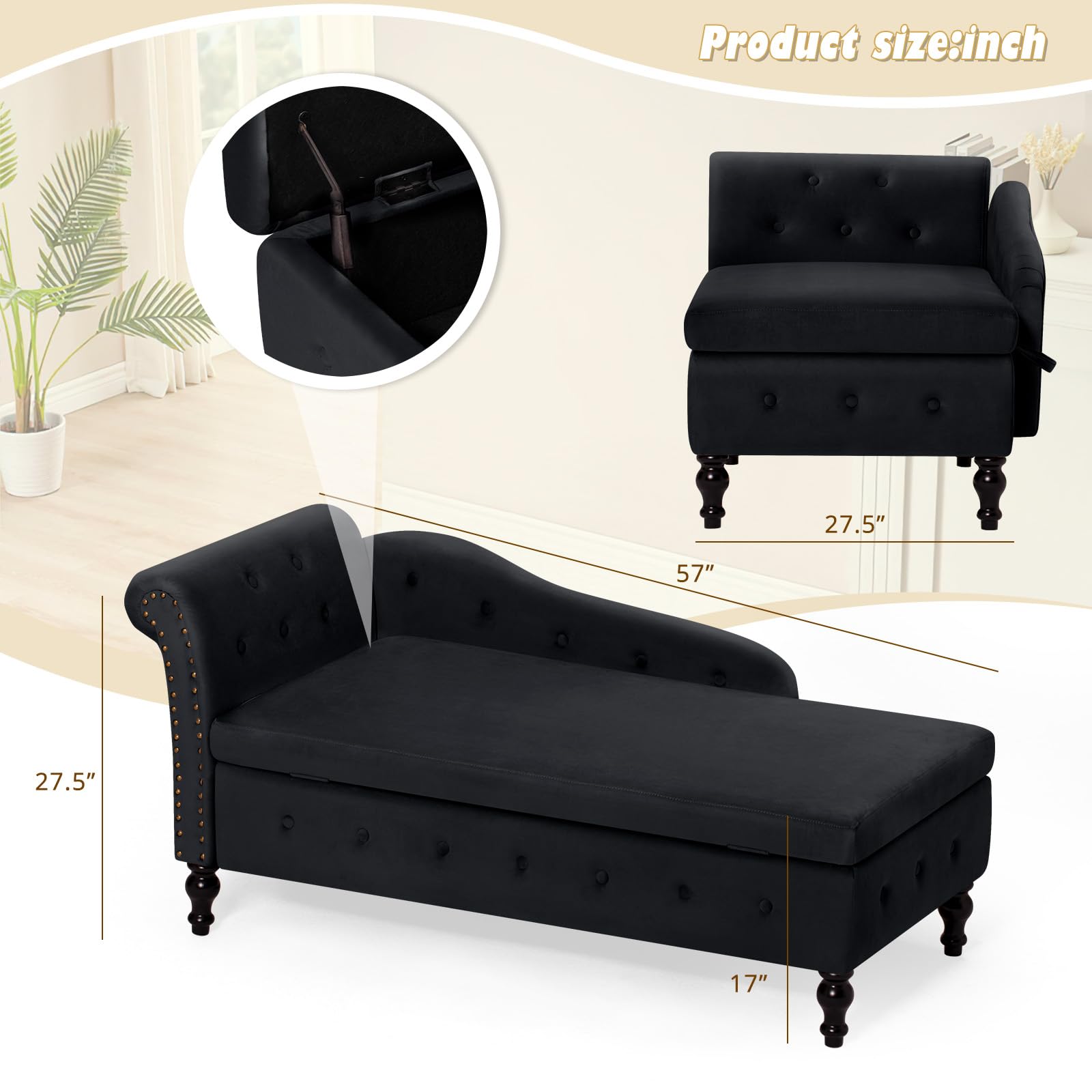 Luxury Velvet Upholstered Chaise Lounge with Left Armrest & Lumbar Support - Button Tufted Modern Lounge Sofa with Storage - Comfortable Living Room, Bedroom & Office Lounge Chair (Black) - Perfect for Relaxing, Reading & Small Space Decor