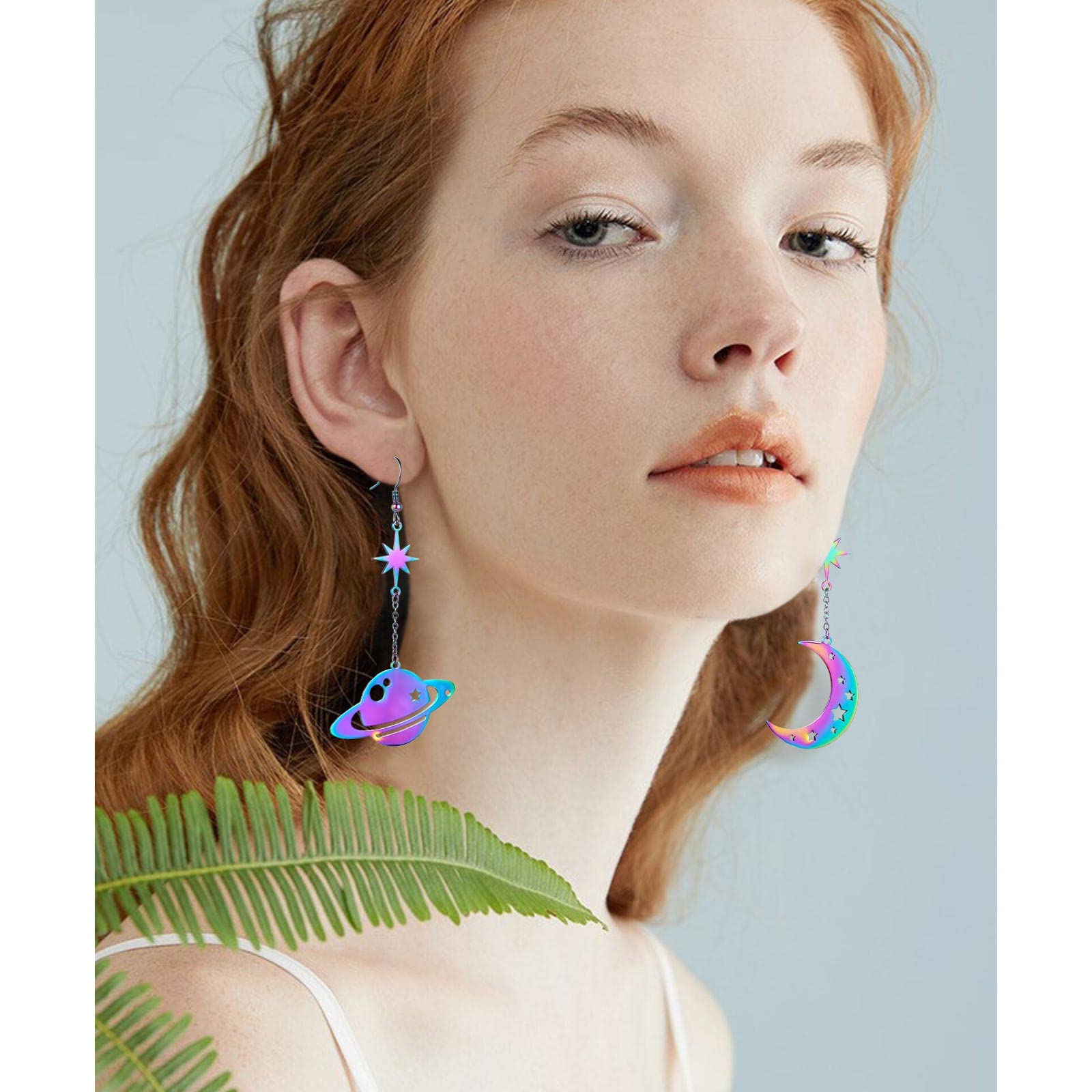 REELMAR Asymmetrical Celestial Moon Star Saturn Dangle Earrings for Women - Elegant Crescent Moon & Planet Drop Earrings - Mysterious Space-Themed Statement Jewelry for Parties, Date Nights & Special Occasions