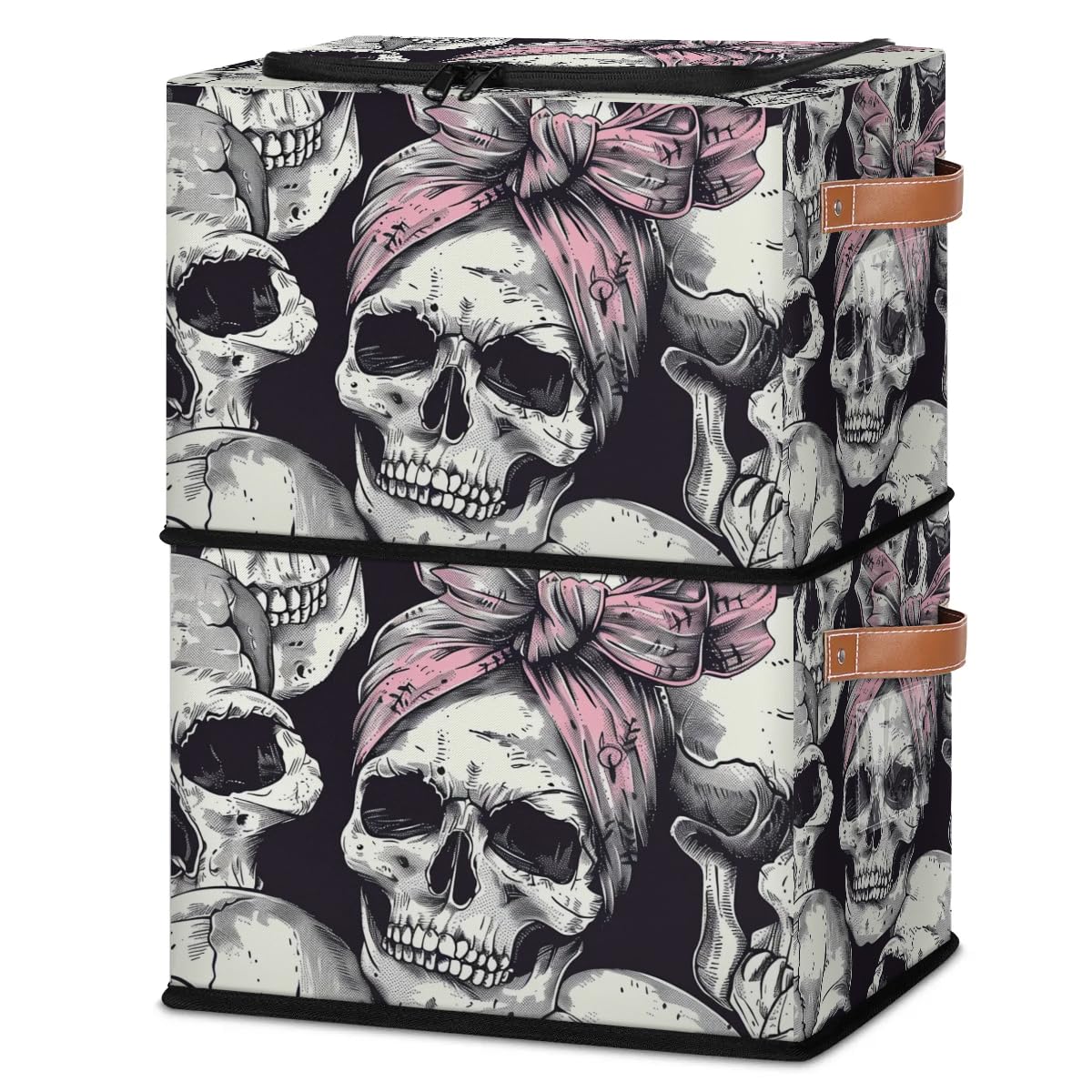 Skull Hair Band Storage Bins with Zipper Lid - 2pcs Stackable Closet Organizer Baskets with Metal Frame & PU Handles - Perfect for Clothes, Toys, and Home Organization