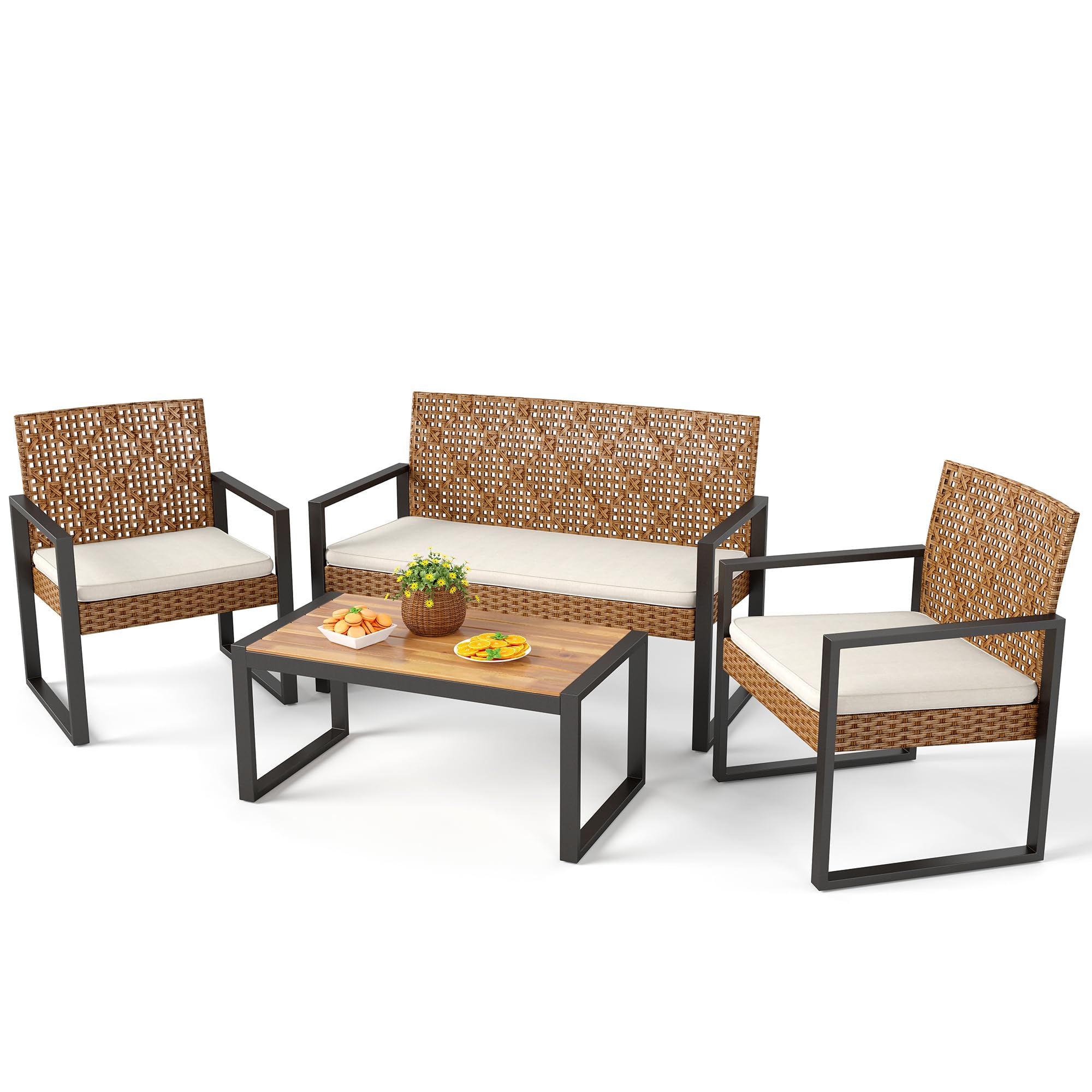 PHI VILLA 4-Piece Wicker Patio Furniture Set - Rattan Loveseat & Chairs with Beige Cushions & Acacia Wood Coffee Table - Modern Outdoor Sectional Conversation Sofa Set for Deck, Yard, Porch - Perfect for Backyard Relaxation & Garden Entertaining
