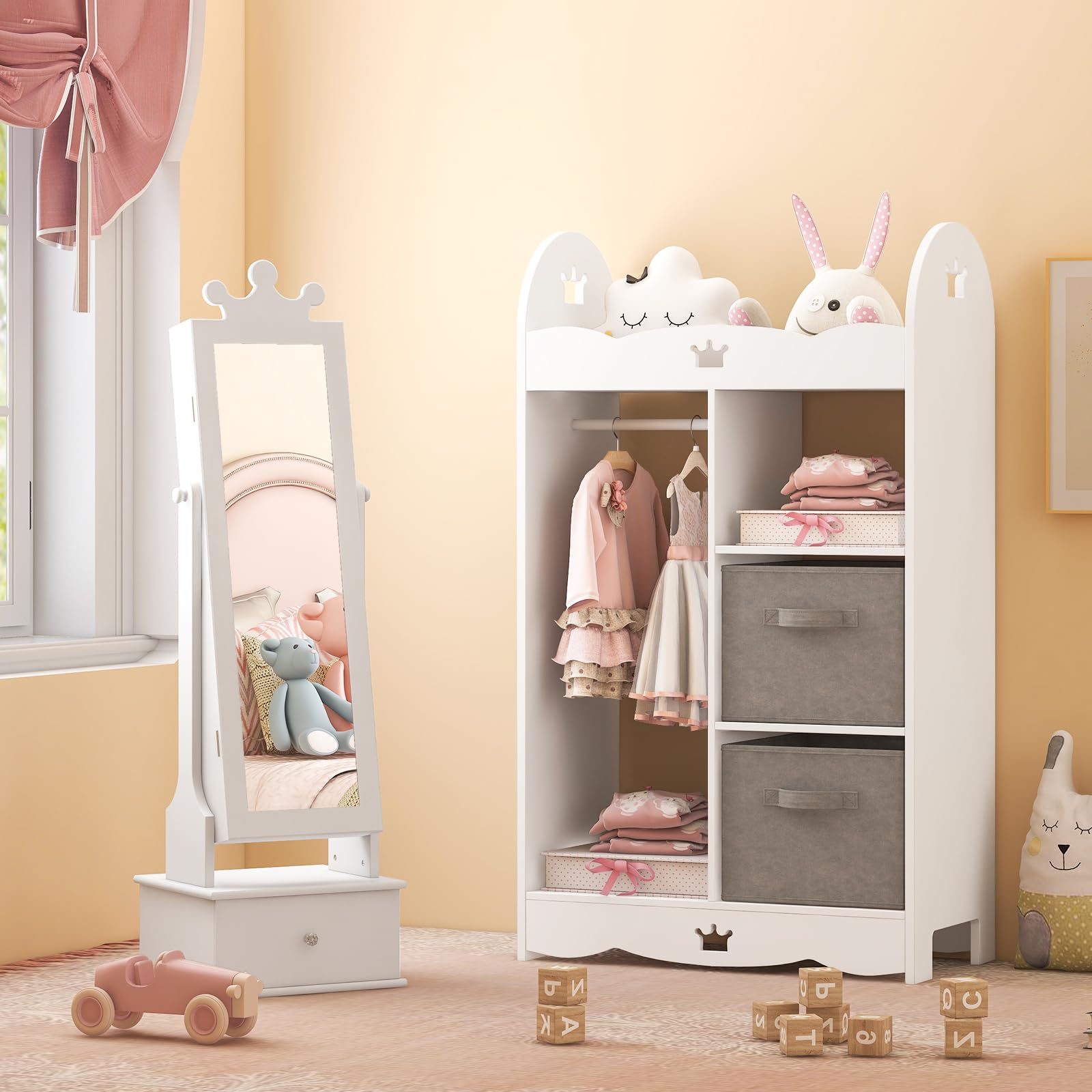 Costzon Kids Jewelry Armoire with Mirror & Drawers - White Vanity Organizer for Girls' Room