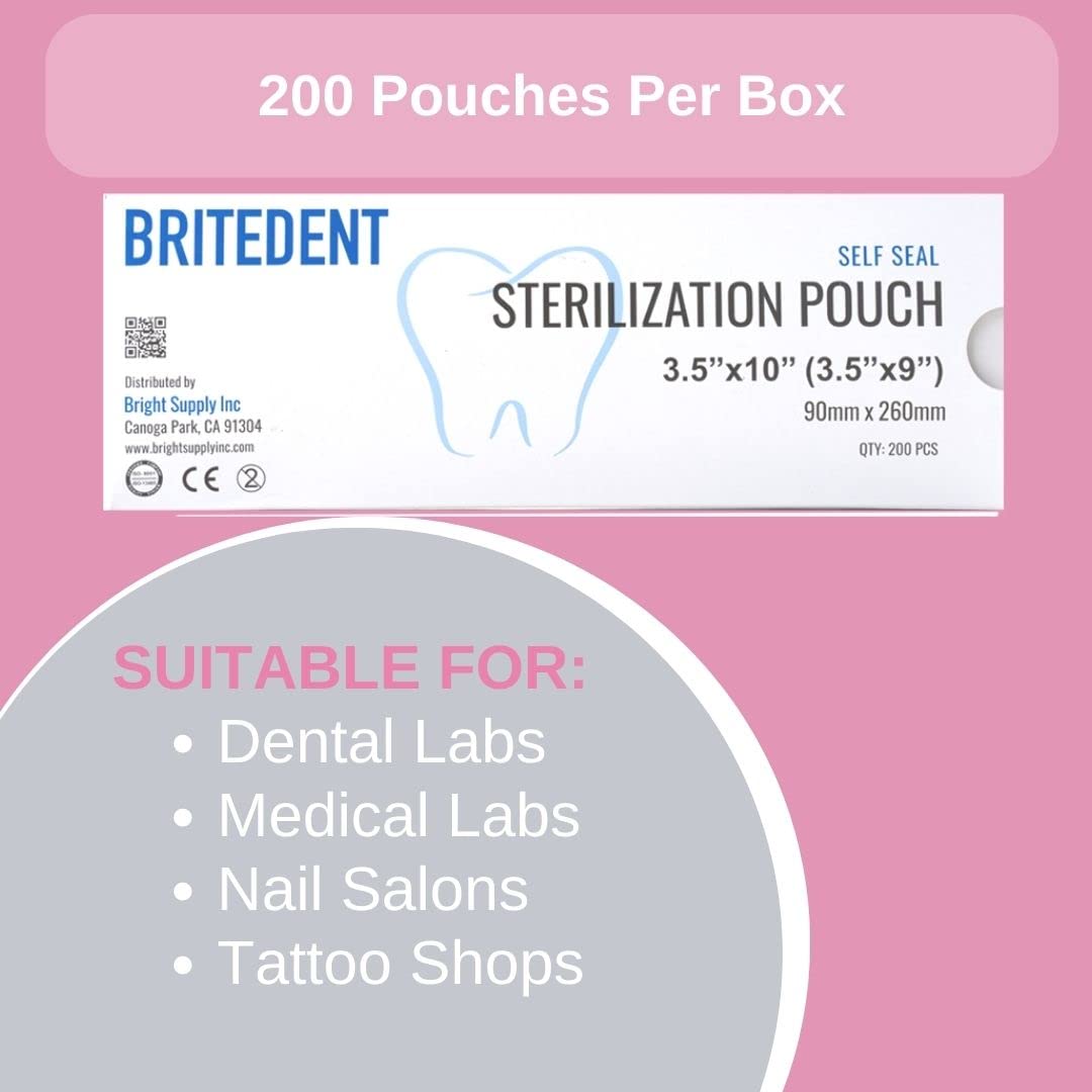 Self Sealing Sterilization Pouches 3.5” x 10” - 200 Pack Autoclave Bags for Dental & Medical Instruments | Triple Check Sterilization Technology | Perfect for Clinics, Hospitals & Tattoo Studios