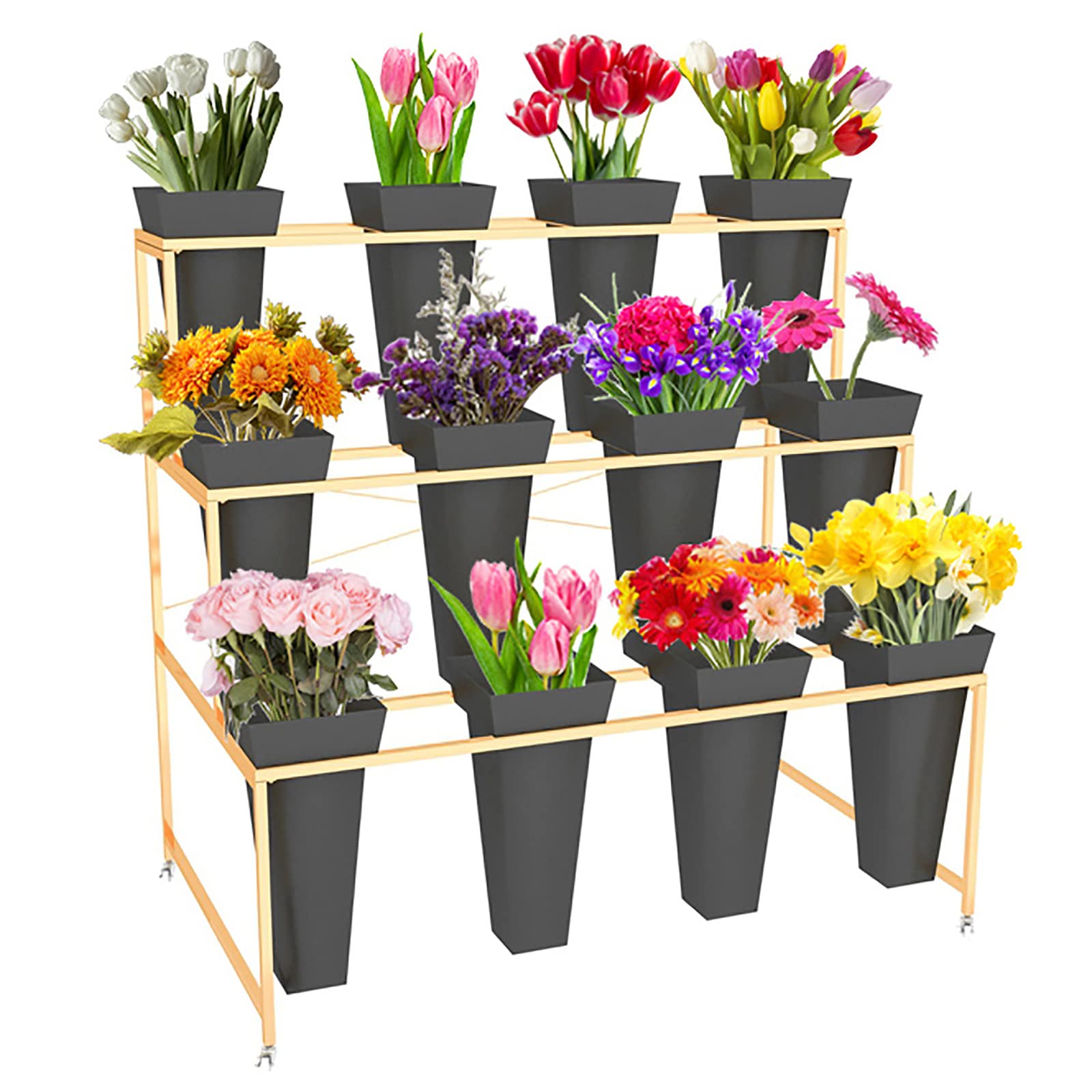 3-Tier Metal Plant Stand with Flower Buckets - Indoor/Outdoor Rolling Display Shelf for Garden, Balcony & Florist - Large Capacity Mobile Rack Cart (100x58x85cm/39x23x33in) - Perfect for Home Decor, Patio Plant Display & Flower Shop Organization