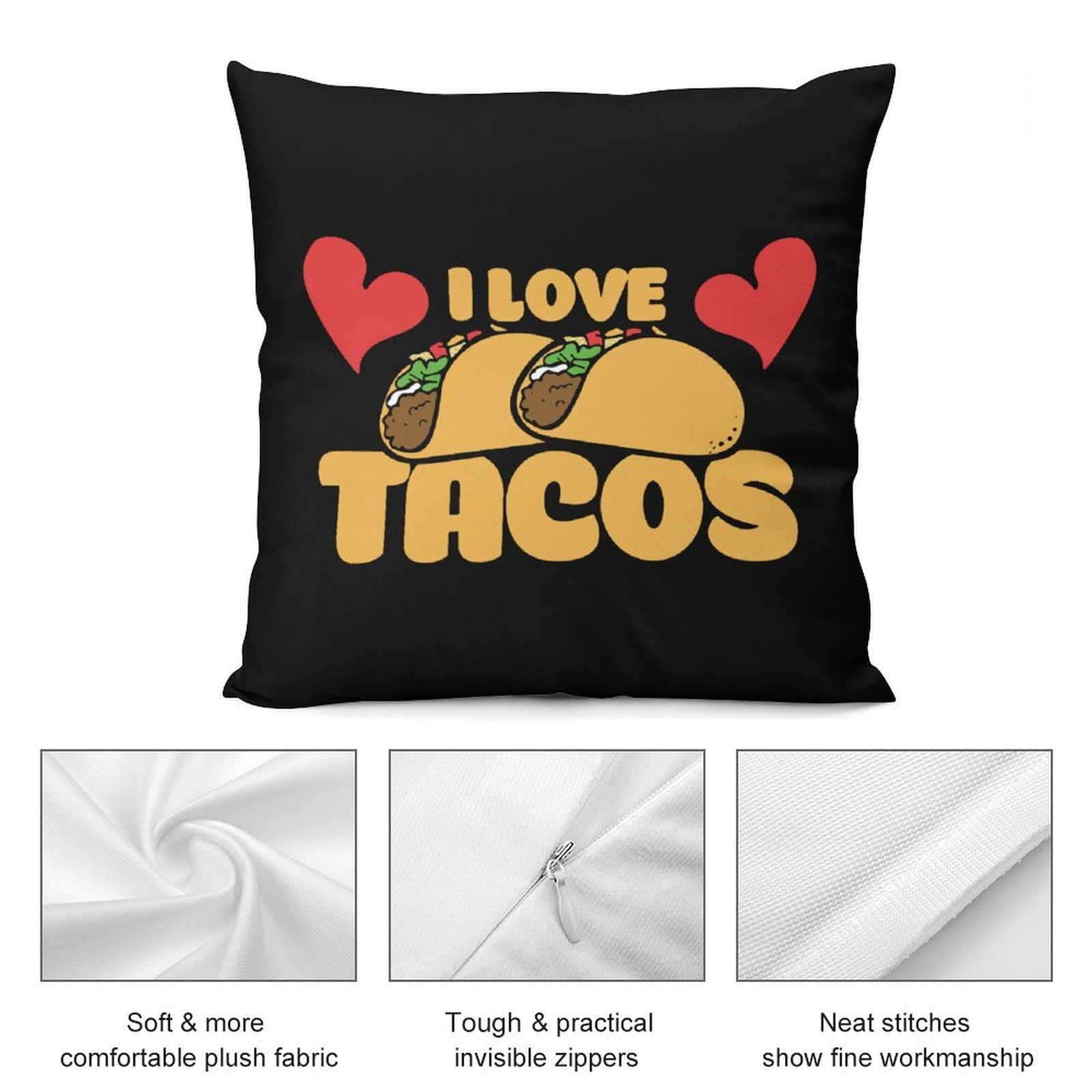 I Love Tacos Plush Pillow Covers - Ultra Soft 16x16 Inch Decorative Throw Pillow Cases for Couch, Bed & Sofa (Set of 4) - Perfect for Home Decor, Living Room & Cozy Movie Nights