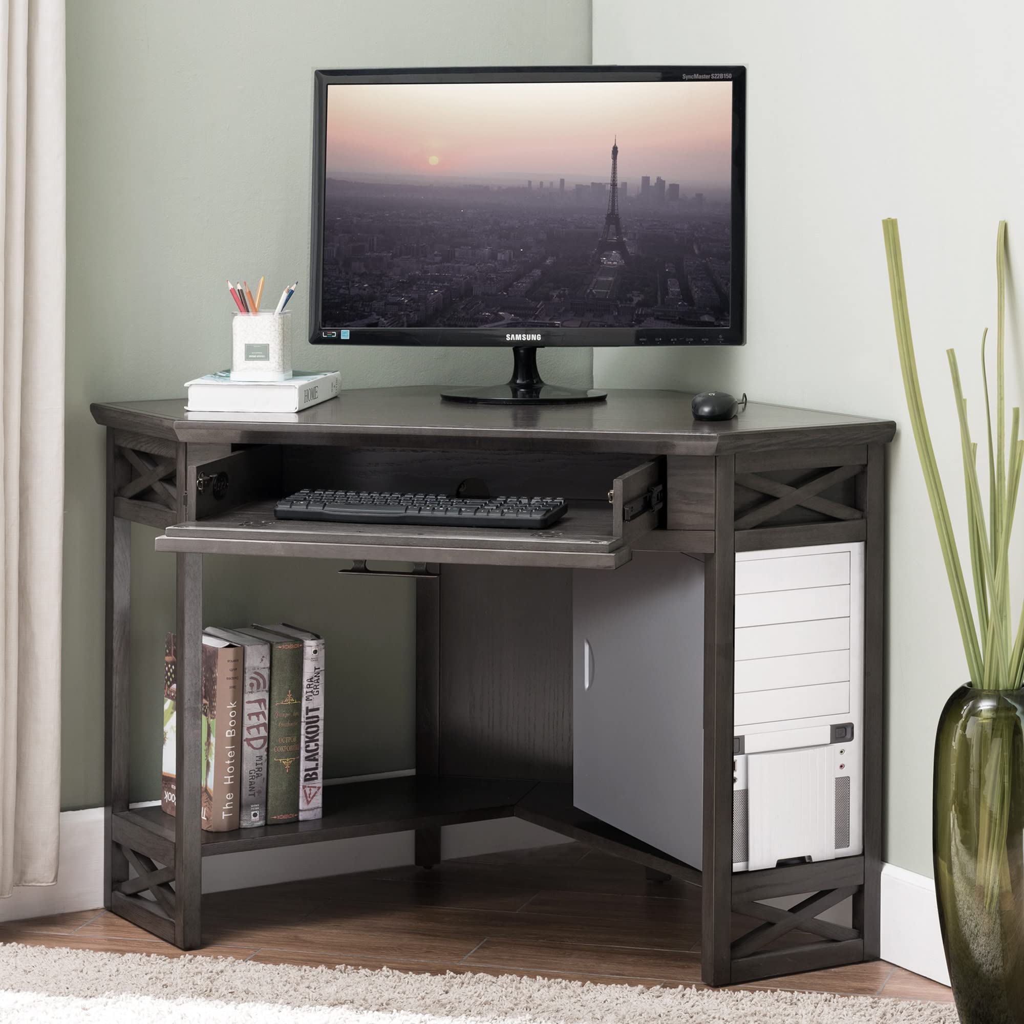 Leick Home 84430 Oak Corner Computer Desk with Drawer - Smoke Gray Writing Desk for Home Office, Study & Small Spaces | Compact Workstation for Laptops & Home Office Organization
