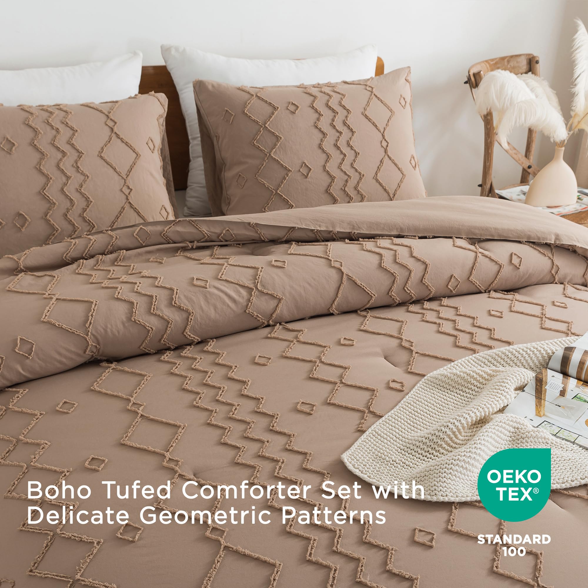 **Andency Taupe Tufted Comforter Set King (104x90 Inches) – 3-Piece Boho Farmhouse Bedding with Geometric Design, Soft Microfiber Down Alternative – Perfect for Cozy Bedrooms & Guest Rooms**