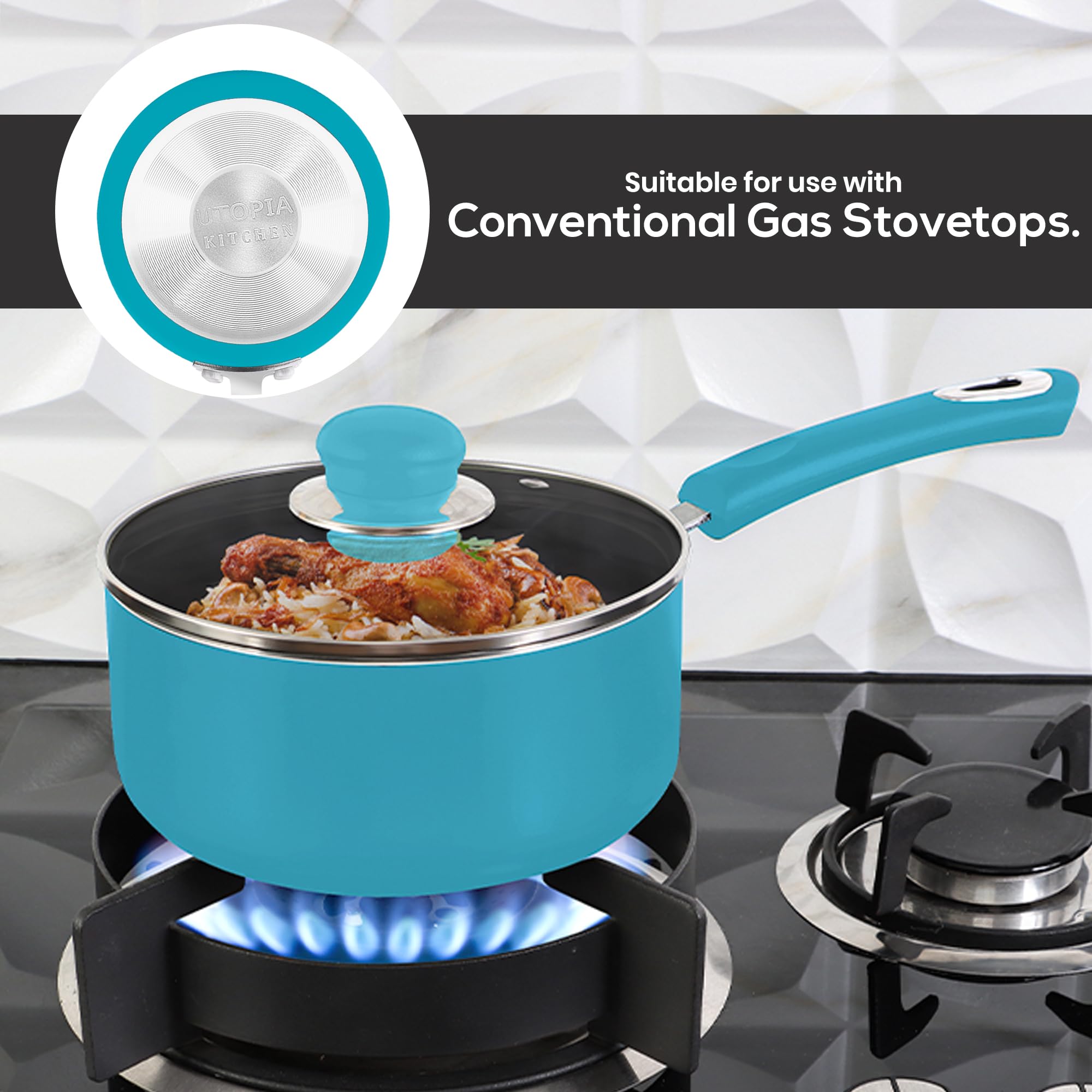 Utopia Kitchen Nonstick Stock Pot Saucepan Set with Lids - 1 Quart & 2 Quart Multipurpose Cooking Pots for Soup, Pasta, Stew - Turquoise & Black - Perfect for Home, Restaurant & Professional Kitchens